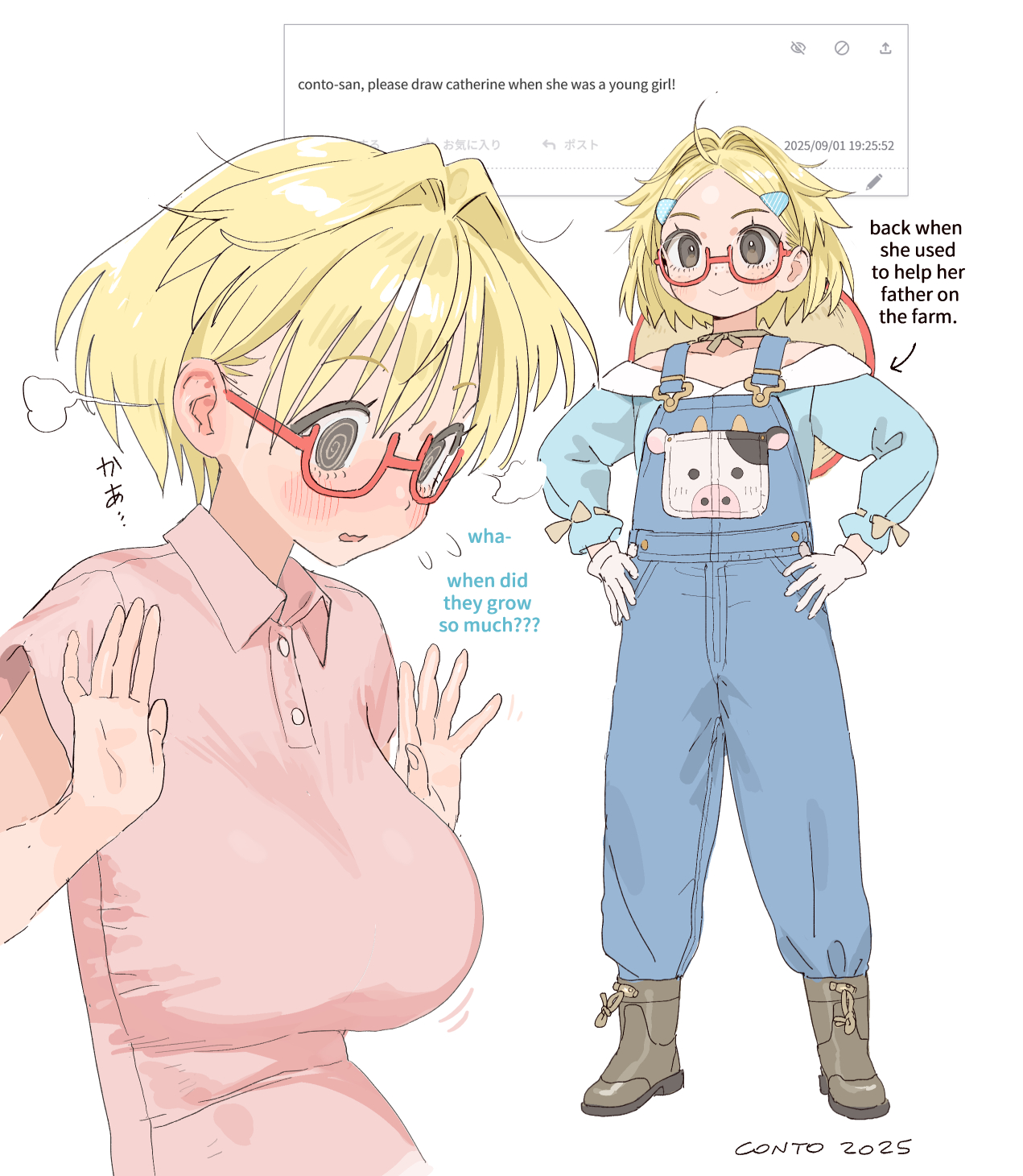 conto, catherine (conto), original, highres, 1girl, @ @, aged down, blonde hair, breasts, dual persona, glasses, hair intakes, hands on own hips, large breasts, overalls, red-framed eyewear, short hair, simple background, white background