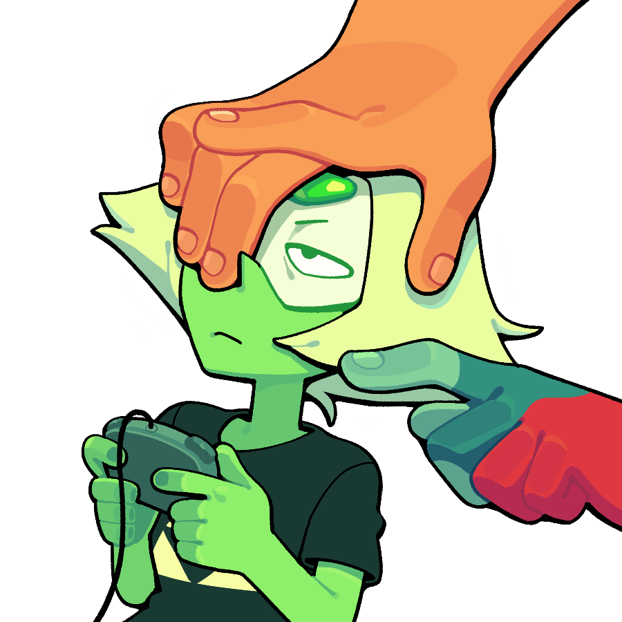discount-supervillain, jasper (steven universe), peridot (steven universe), steven universe, 2girls, alien, blonde hair, closed mouth, colored skin, forehead jewel, gem, green skin, multiple girls, orange skin, short hair, simple background