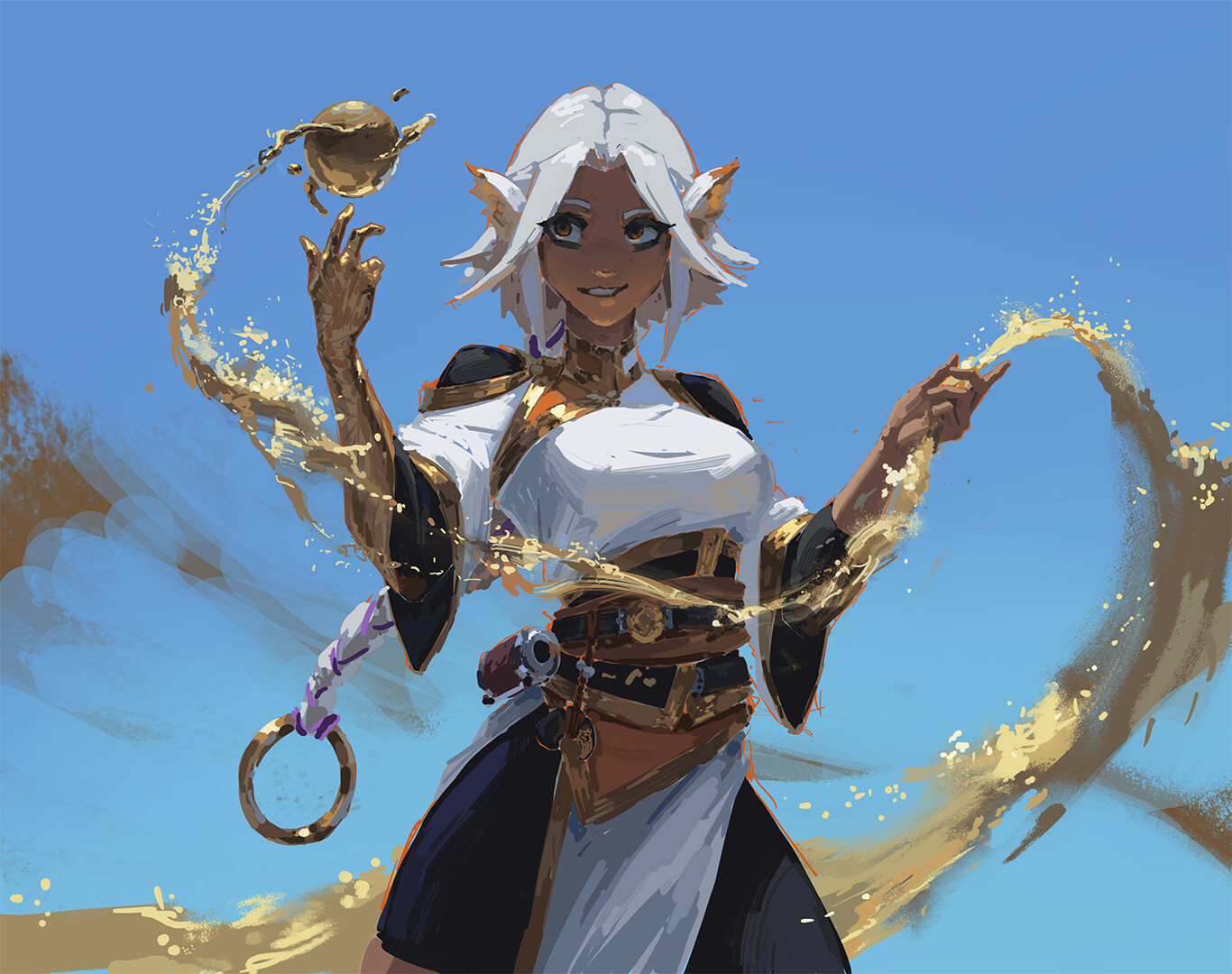 kan liu (666k), original, 1girl, animal ears, belt, black shorts, blue background, braid, breasts, brown eyes, dark-skinned female, dark skin, day, gloves, hair rings, hands up, long hair, magic, medium breasts, shaded face, shadow, shirt, short sleeves, shorts, simple background, single braid, single glove, smile, solo, white hair, white shirt