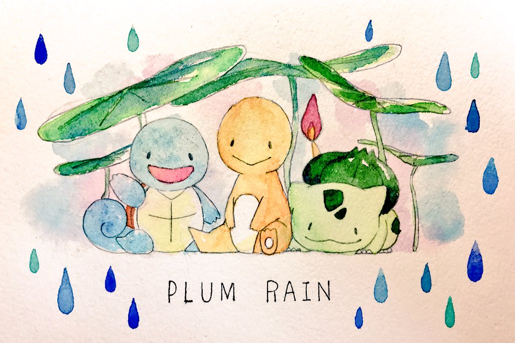 mint nappa, bulbasaur, charmander, squirtle, nintendo, pokemon, commentary, english commentary, painting (medium), traditional media, watercolor (medium), claws, english text, fire, flame-tipped tail, gen 1 pokemon, leaf umbrella, no humans, pokemon (creature), rain, simple background, smile, starter pokemon trio, tail