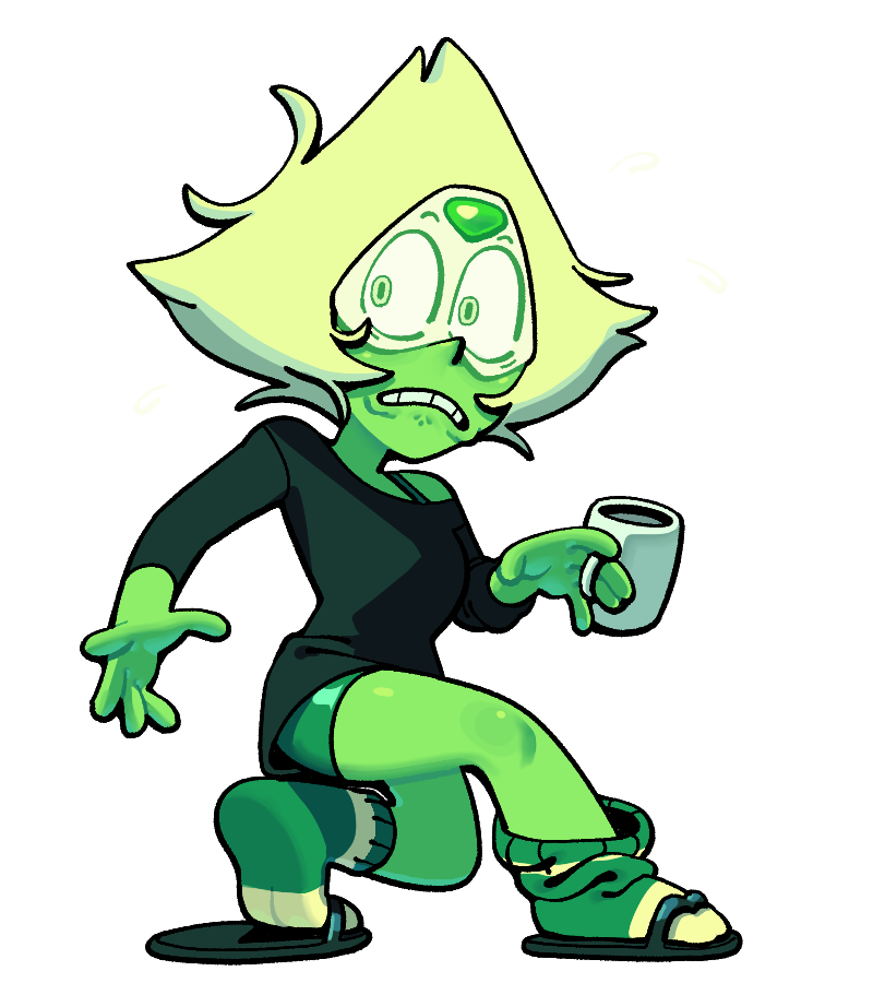 discount-supervillain, peridot (steven universe), steven universe, 1girl, alien, blonde hair, bra strap, breasts, colored skin, forehead jewel, full body, gem, green eyes, green skin, short hair, simple background, small breasts, solo