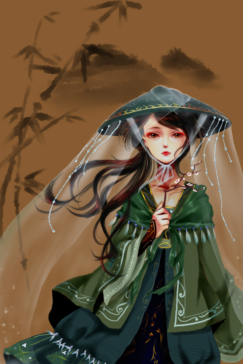 nikki (series), nikki up2u2: world traveller, character request, highres, 1girl, aqua hat, aqunaqunyingfen, bamboo, bow, bowtie, bracer, brown background, brown eyes, brown hair, capelet, chinese clothes, closed mouth, collarbone, eyelashes, fringe trim, green bow, green bowtie, green capelet, green hanfu, hand on own chest, hanfu, hat, ink, japanese clothes, light particles, lipstick, long hair, long sleeves, makeup, red lips, see-through clothes, see-through veil, veil, very long hair, wavy hair, weimao, white veil, wide sleeves