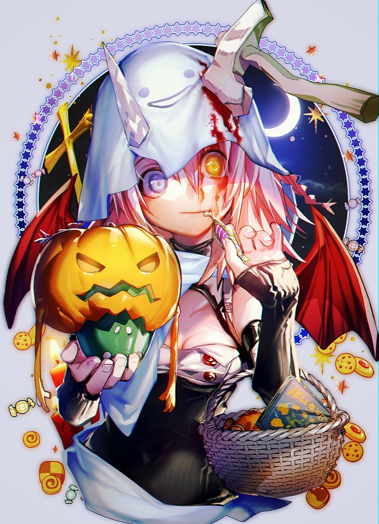 narita imomushi, commentary, 1girl, axe, axe in head, basket, bell pepper, black shirt, black sleeves, blood, blood on clothes, blood on face, blue eyes, bone, breasts, candle, candy, candy wrapper, cd case, checkerboard cookie, chocolate chip cookie, cleavage, cookie, crescent moon, cropped torso, cross, crystal, crystal horns, detached sleeves, food, ghost costume, green bell pepper, hair between eyes, halloween, halloween costume, helloween (band), heterochromia, holding, holding basket, holding candy, holding food, horns, jack-o'-lantern, killing me/killing you, long sleeves, looking at viewer, medium hair, meteor (killing me/killing you), moon, mouth hold, night, night sky, orange eyes, pink hair, pumpkin, sheet ghost, shirt, single horn, sky, sleeveless, sleeveless shirt, sleeves past wrists, small breasts, solo, star (symbol), thumbprint cookie