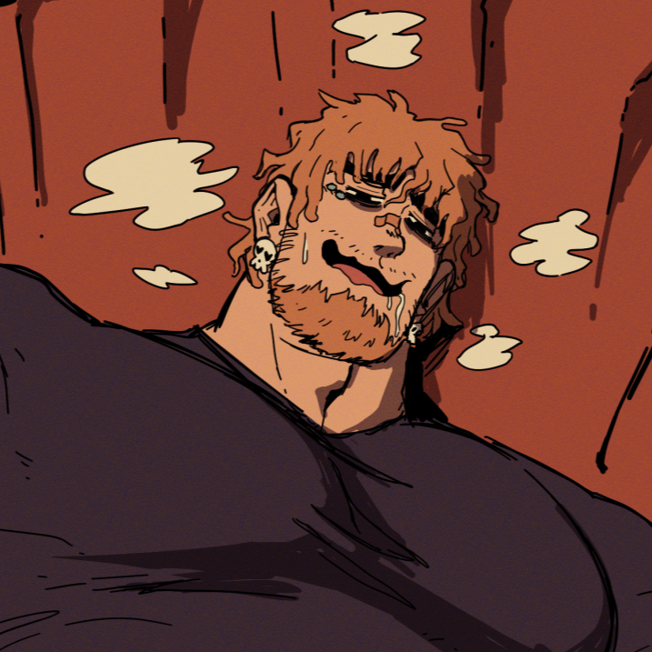 original, cropped, 1boy, anti-eyebrow piercing, bandaid, bandaid on face, bandaid on nose, bara, beard, earrings, face piercing, facial hair, jewelry, male focus, mismatched eyebrows, orange hair, piercing, punk nautikal, saliva, short hair, skull earrings, solo, upper body, wavy mouth