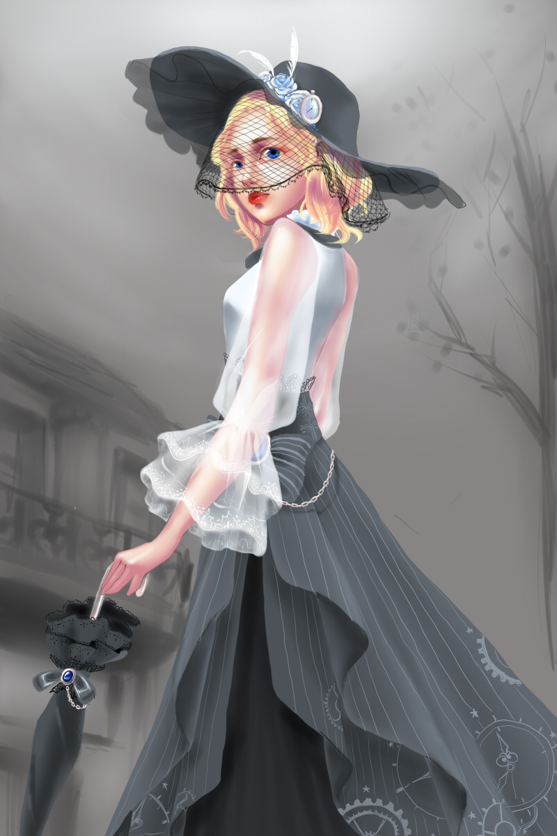 nikki (series), nikki up2u2: world traveller, character request, highres, 1girl, aqunaqunyingfen, bare tree, black hat, black skirt, black umbrella, black veil, blonde hair, blue eyes, blue flower, blue rose, clock print, closed mouth, closed umbrella, cloud, cloudy sky, collared shirt, feet out of frame, fishnet veil, flower, forehead, frilled headwear, frilled shirt, frilled sleeves, frills, gear print, grey skirt, hat, hat flower, holding, holding umbrella, house, lace-trimmed veil, lace trim, layered skirt, lipstick, long sleeves, looking at viewer, makeup, medium hair, neck ribbon, parasol, puffy long sleeves, puffy sleeves, red lips, ribbon, rose, see-through clothes, see-through sleeves, shirt, skirt, sky, solo, striped clothes, striped skirt, sun hat, thick eyebrows, tree, umbrella, veil, vertical-striped clothes, vertical-striped skirt, white shirt