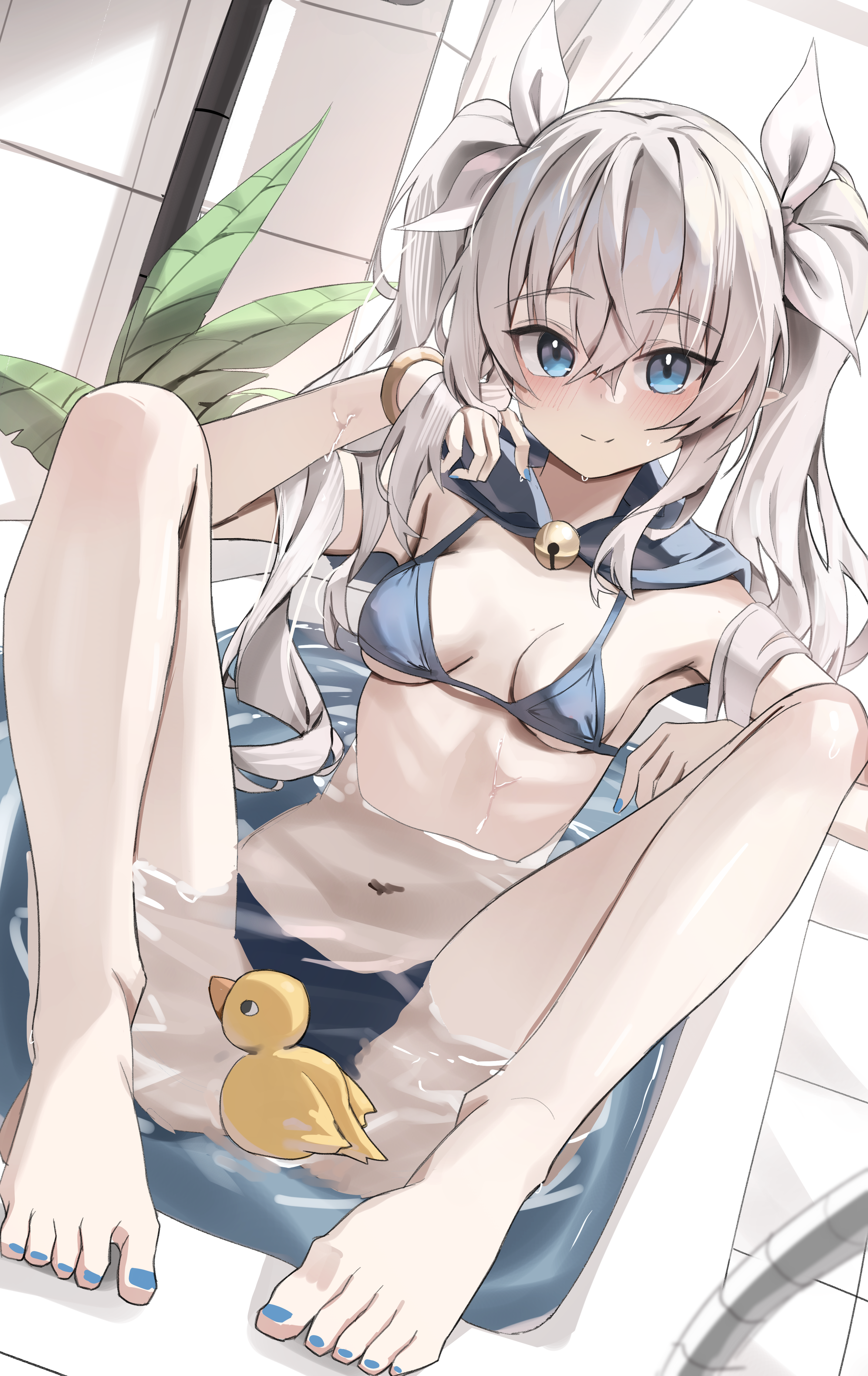scarlet (wv0102), female mage (dungeon and fighter), dungeon and fighter, original, absurdres, commission, highres, 1girl, armpits, bare legs, bare shoulders, barefoot, bathtub, bell, bikini, blue bikini, blue eyes, blue sailor collar, bracelet, breasts, closed mouth, feet, hair ribbon, jewelry, jingle bell, long hair, looking at viewer, nail polish, navel, pointy ears, ribbon, rubber duck, sailor collar, small breasts, smile, solo, stomach, string bikini, swimsuit, thighs, toenail polish, toenails, toes, twintails, water, wet, white hair