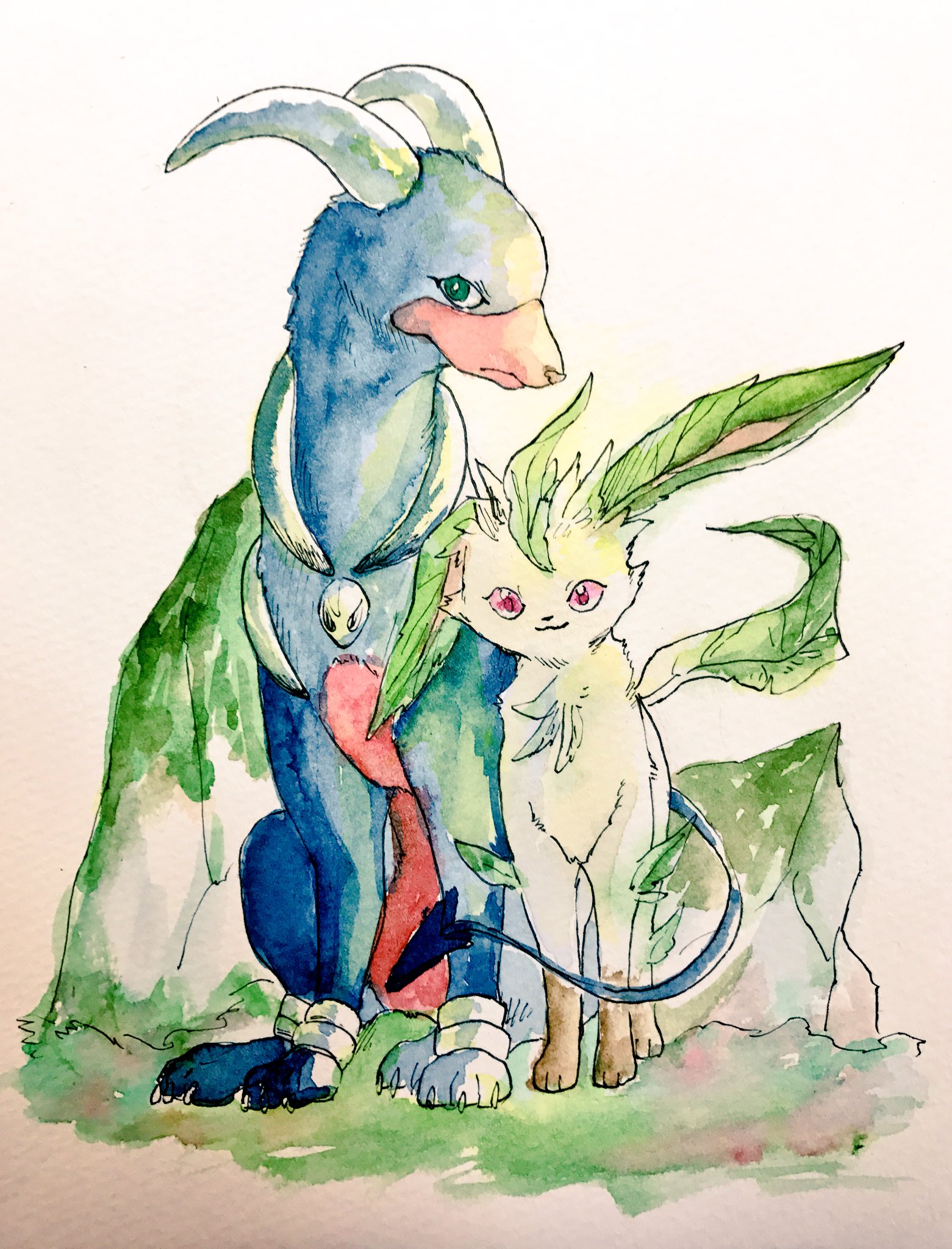mint nappa, houndoom, leafeon, nintendo, pokemon, commentary request, highres, painting (medium), traditional media, watercolor (medium), animal focus, claws, closed mouth, full body, gen 2 pokemon, gen 4 pokemon, looking at viewer, no humans, pokemon (creature), red eyes, white background