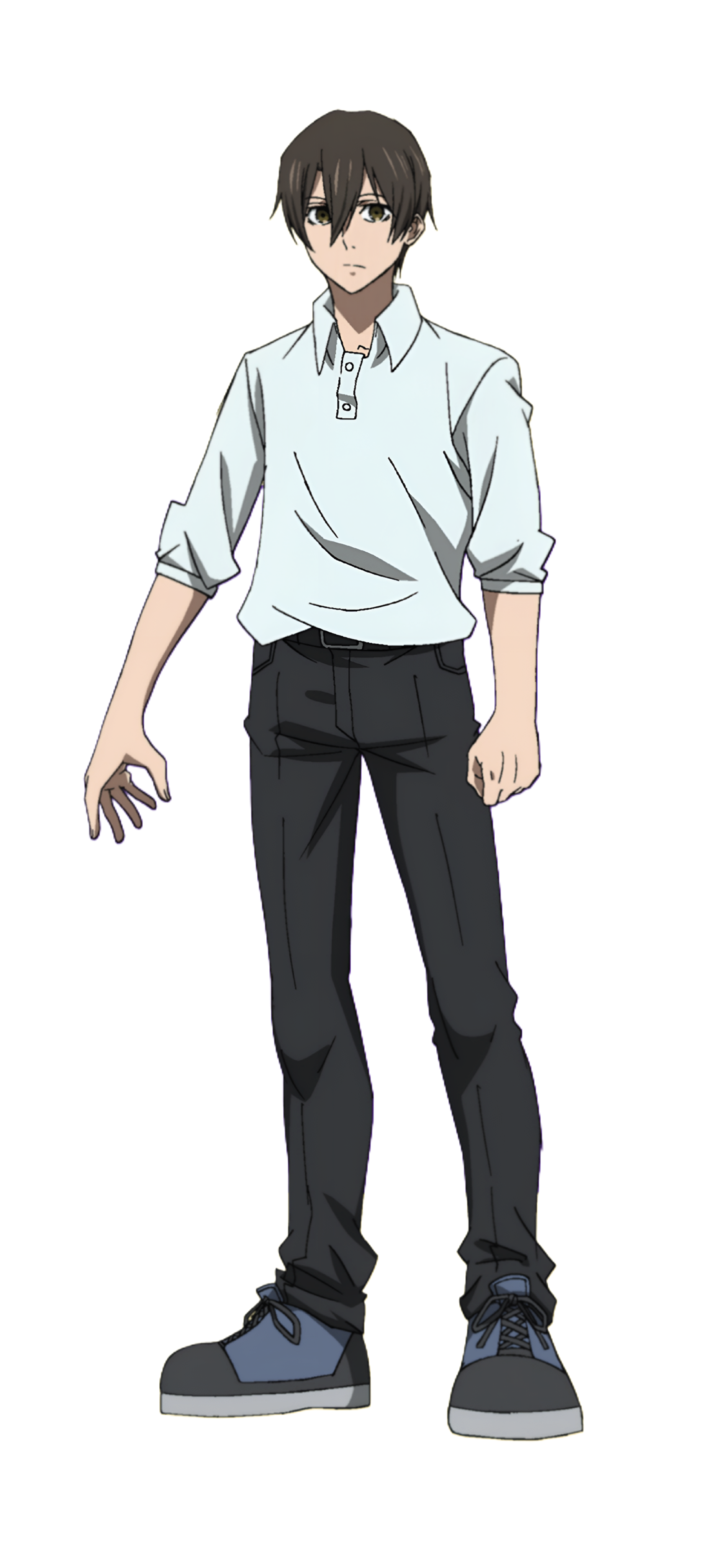kenji (yogen no nayuta), yogen no nayuta, non-web source, official art, 1boy, black pants, brown eyes, brown hair, closed mouth, looking at viewer, pants, school uniform, serious, shirt, short hair, solo, transparent background, white shirt
