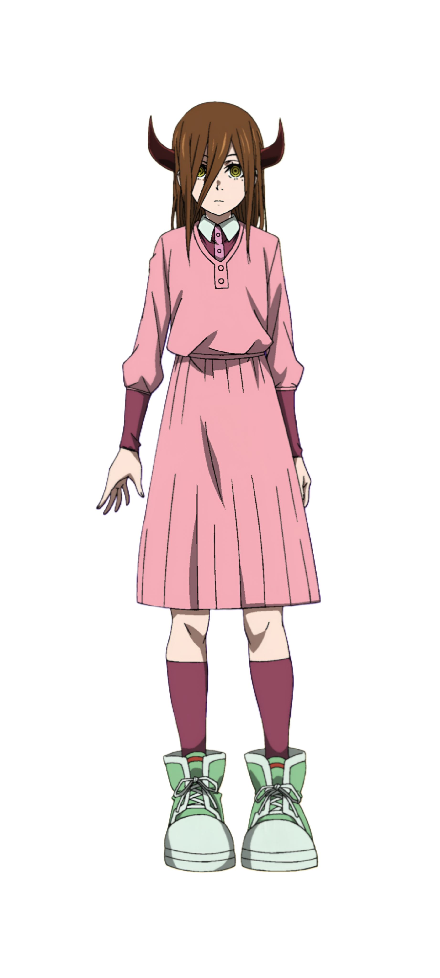 nayuta (yogen no nayuta), yogen no nayuta, non-web source, official art, 1girl, brown hair, closed mouth, demon horns, exotic eyes, expressionless, horns, long hair, looking at viewer, pink shirt, pink skirt, purple socks, shirt, skirt, socks, solo, transparent background, very long hair, yellow eyes