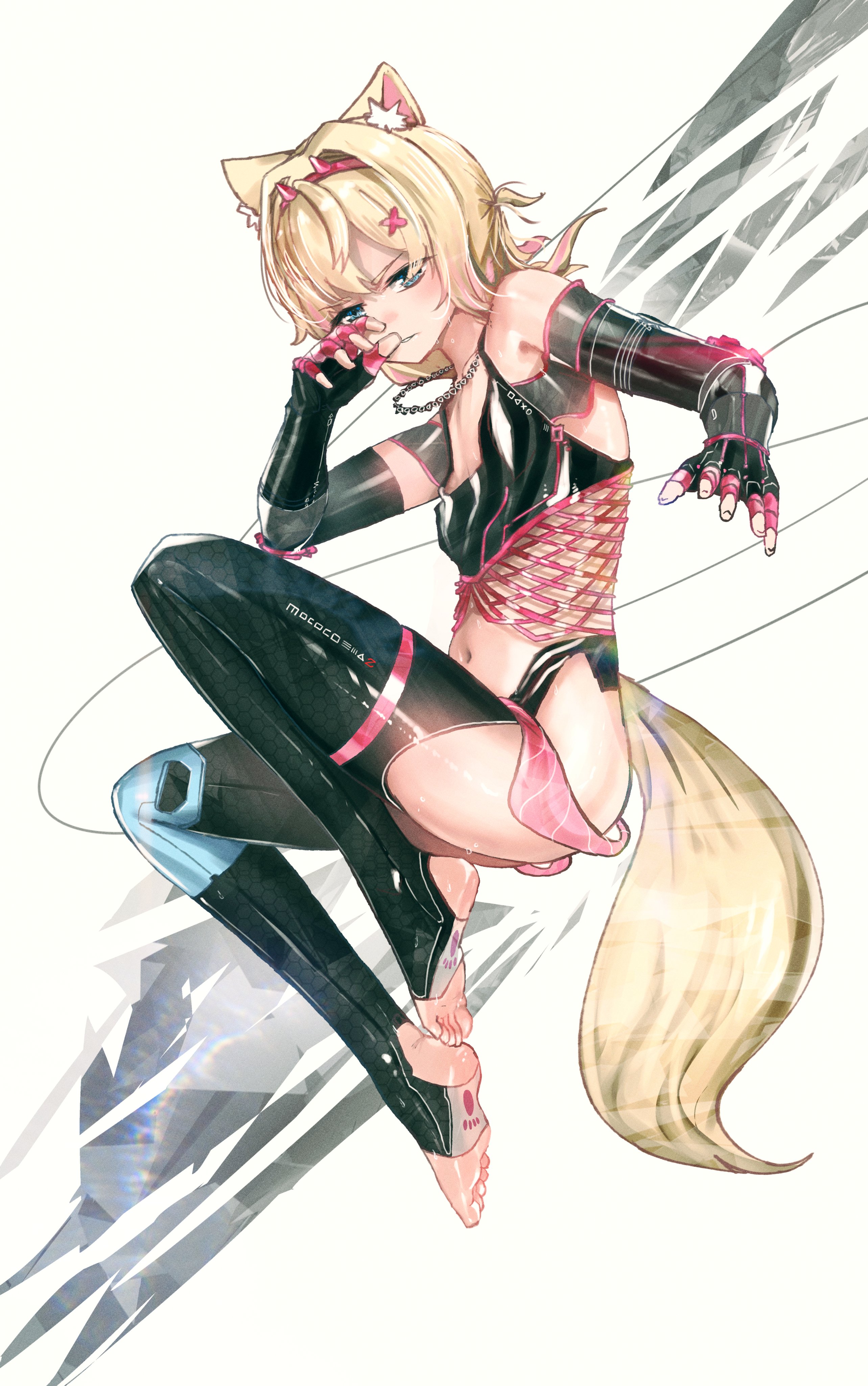 advarcher, mococo abyssgard, hololive, hololive english, absurdres, commentary, english commentary, highres, 1girl, animal ear fluff, animal ears, black thighhighs, blonde hair, blue eyes, dog ears, dog girl, dog tail, elbow gloves, fingerless gloves, full body, gloves, hair ornament, hairband, horn hairband, jewelry, looking at viewer, multicolored hair, navel, necklace, pink hair, pink hairband, short hair, simple background, solo, stirrup legwear, tail, thighhighs, toeless legwear, toes, two-tone hair, virtual youtuber, white background, x hair ornament