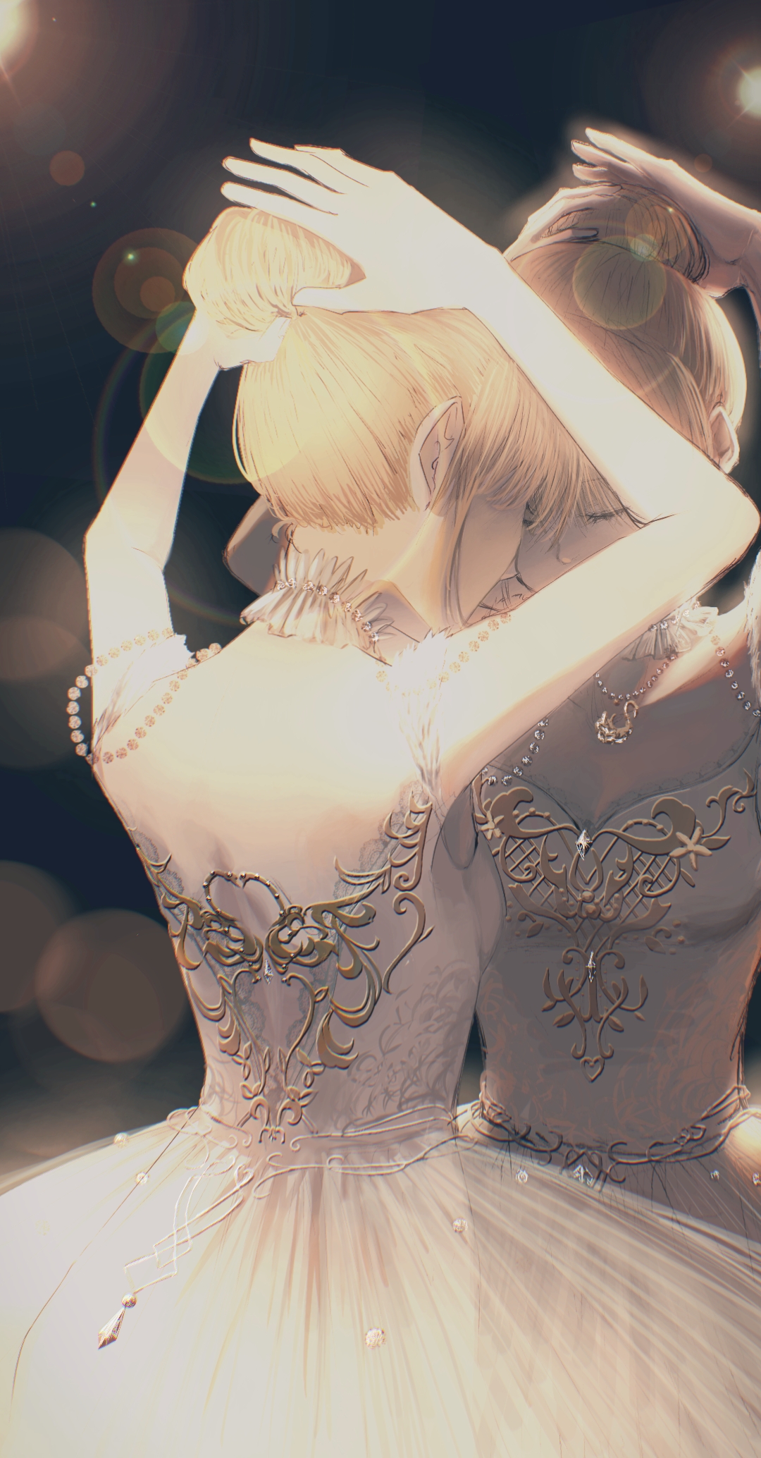 nikki (series), shining nikki, highres, 1girl, adjusting hair, ballerina, bare arms, bare shoulders, bead necklace, beads, black background, blonde hair, breasts, cleavage, closed eyes, covered mouth, cowboy shot, dress, floral print, from behind, glittering date (shining nikki), hair between eyes, hair bun, jewelry, light particles, necklace, reflection, short hair, single hair bun, sleeveless, sleeveless dress, solo, subarwu u, tutu, updo, white dress