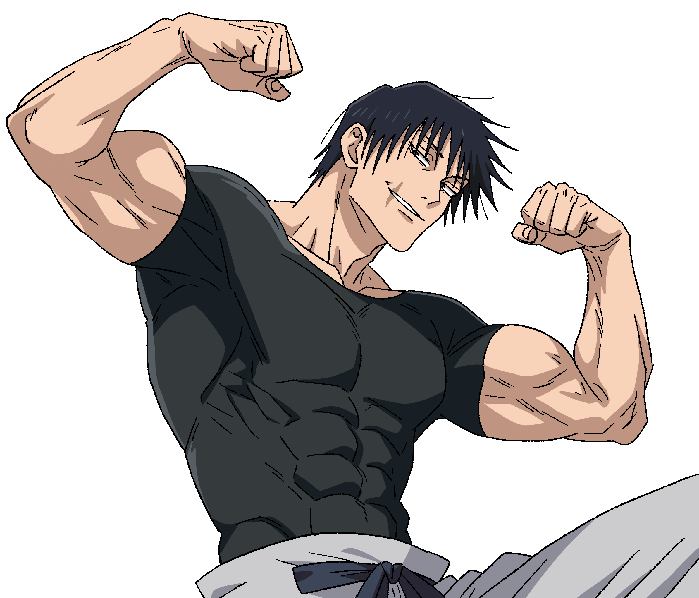 fushiguro touji, jujutsu kaisen, highres, 1boy, biceps, black hair, double biceps pose, flexing, male focus, muscular, muscular male, pants, scar on lip, short hair, simple background, solo, upper body, v0idzenin, white background, white pants