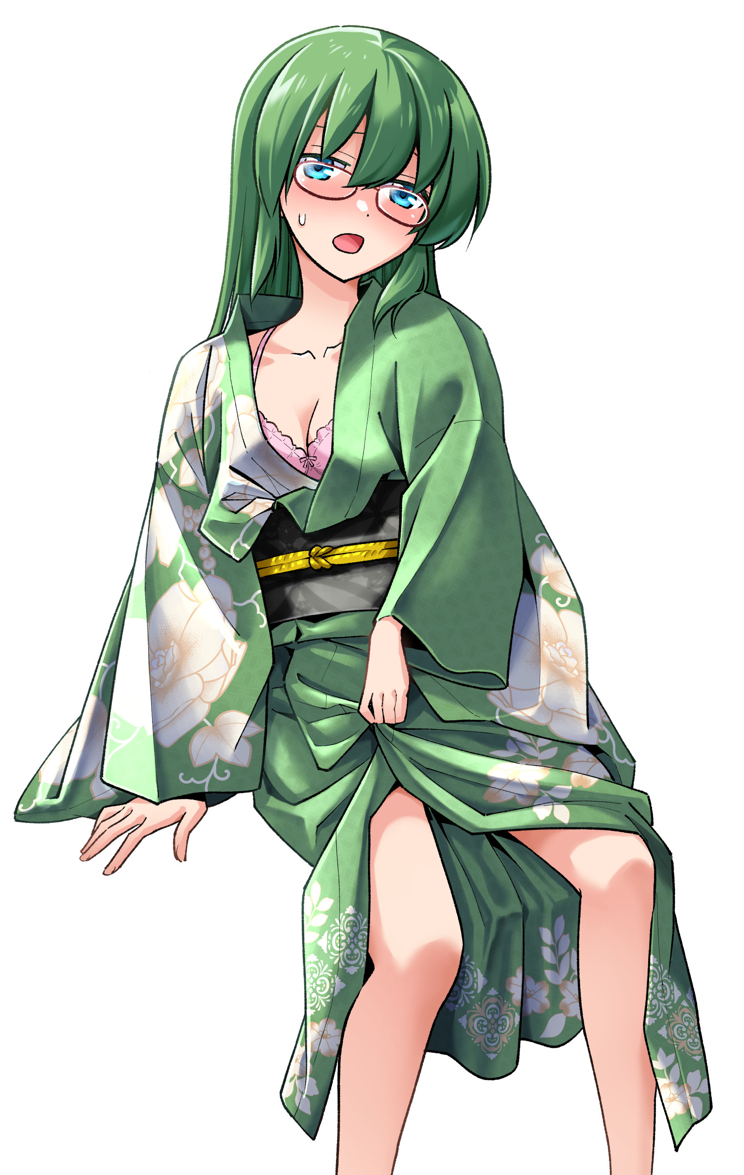 hata kenjirou, kijima saki, hayate no gotoku!, absurdres, commentary request, highres, 1girl, black sash, blue eyes, bra, breasts, brown-framed eyewear, cleavage, collarbone, dot nose, feet out of frame, floral print, floral print kimono, glasses, green hair, green kimono, hair between eyes, head tilt, invisible chair, japanese clothes, kimono, kimono hold, light blush, long hair, long sleeves, looking at viewer, medium breasts, obi, open mouth, pink bra, print kimono, sash, simple background, sitting, solo, sweatdrop, underwear, white background, wide sleeves