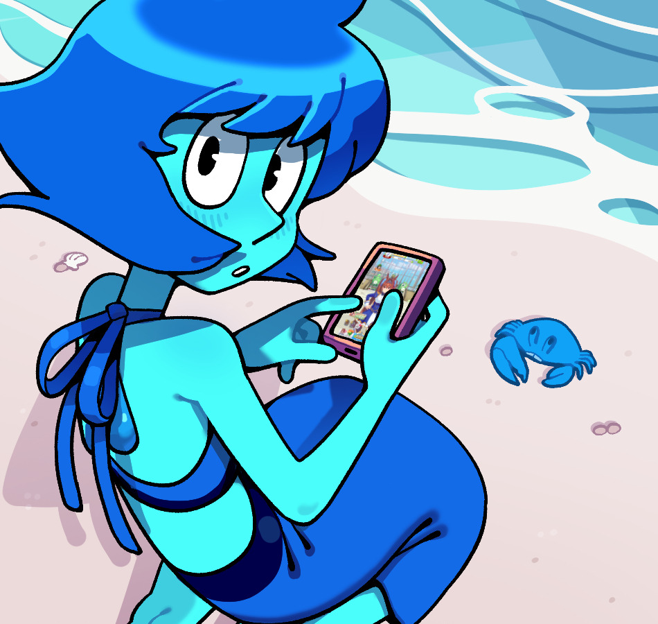 discount-supervillain, lapis lazuli (steven universe), steven universe, umamusume, 1girl, aqua skin, barefoot, blue hair, blue skin, colored skin, crop top, gem, lapis lazuli (gemstone), midriff, short hair, skirt, solo