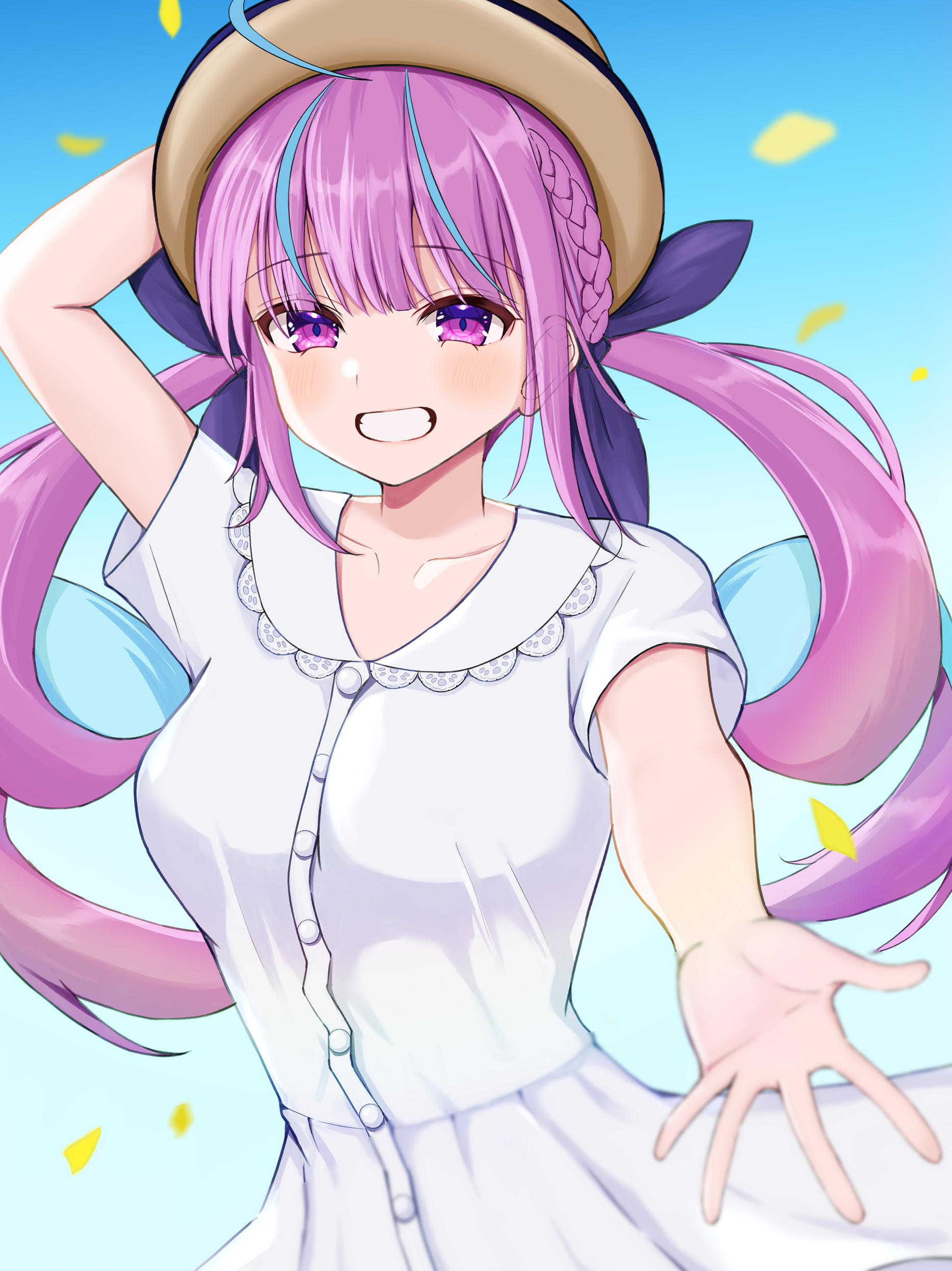 extreme s t a r s, minato aqua, hololive, absurdres, highres, 1girl, aqua hair, arm up, blue sky, blush, braid, breasts, brown hat, collarbone, colored inner hair, confetti, curly hair, day, dress, grin, hair ribbon, hand on headwear, hat, large breasts, long hair, looking at viewer, multicolored hair, open hand, pink eyes, pink hair, pink lips, purple ribbon, ribbon, short sleeves, sky, smile, solo, streaked hair, teeth, twintails, two-tone hair, virtual youtuber, white dress