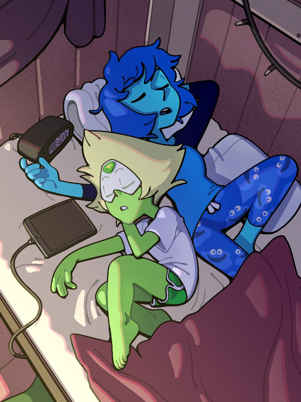 discount-supervillain, lapis lazuli (steven universe), peridot (steven universe), steven universe, highres, 2girls, alien, alternate costume, barefoot, blonde hair, blue hair, blue skin, closed eyes, colored skin, forehead jewel, full body, gem, green skin, multiple girls, open mouth, short hair