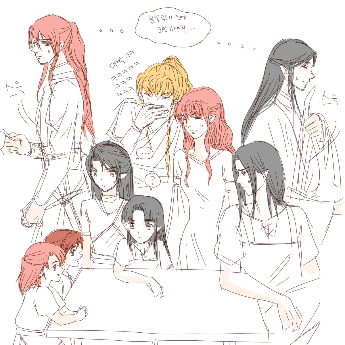 mintkim, amras, amrod, caranthir, celegorm, curufin, feanor, maedhros, maglor, nerdanel, the silmarillion, tolkien's legendarium, 1girl, 6+boys, ?, apron, black hair, blonde hair, braid, brothers, closed eyes, closed mouth, collarbone, covering own mouth, cup, elf, father and son, hand over own mouth, harp, instrument, laughing, long hair, looking at another, mother and son, multiple boys, parted bangs, pink hair, pointy ears, profile, siblings, simple background, speech bubble, sweat, sweatdrop, table, teacup, twins, white background