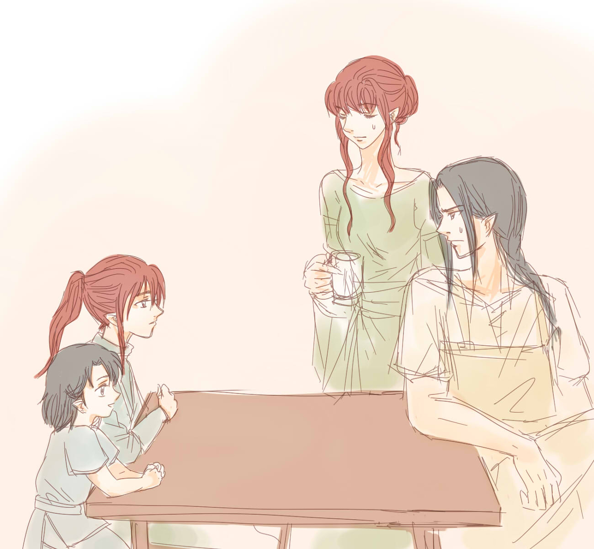 mintkim, feanor, maedhros, maglor, nerdanel, the silmarillion, tolkien's legendarium, 1girl, 3boys, apron, black hair, brothers, closed eyes, closed mouth, coffee mug, collarbone, cup, elf, eyebrows hidden by hair, eyelashes, father and son, holding, holding cup, husband and wife, long hair, looking at another, medium hair, mother and son, mug, multiple boys, parted bangs, pink background, pointy ears, profile, siblings, sidelocks, simple background, sitting, sweat, sweatdrop, table