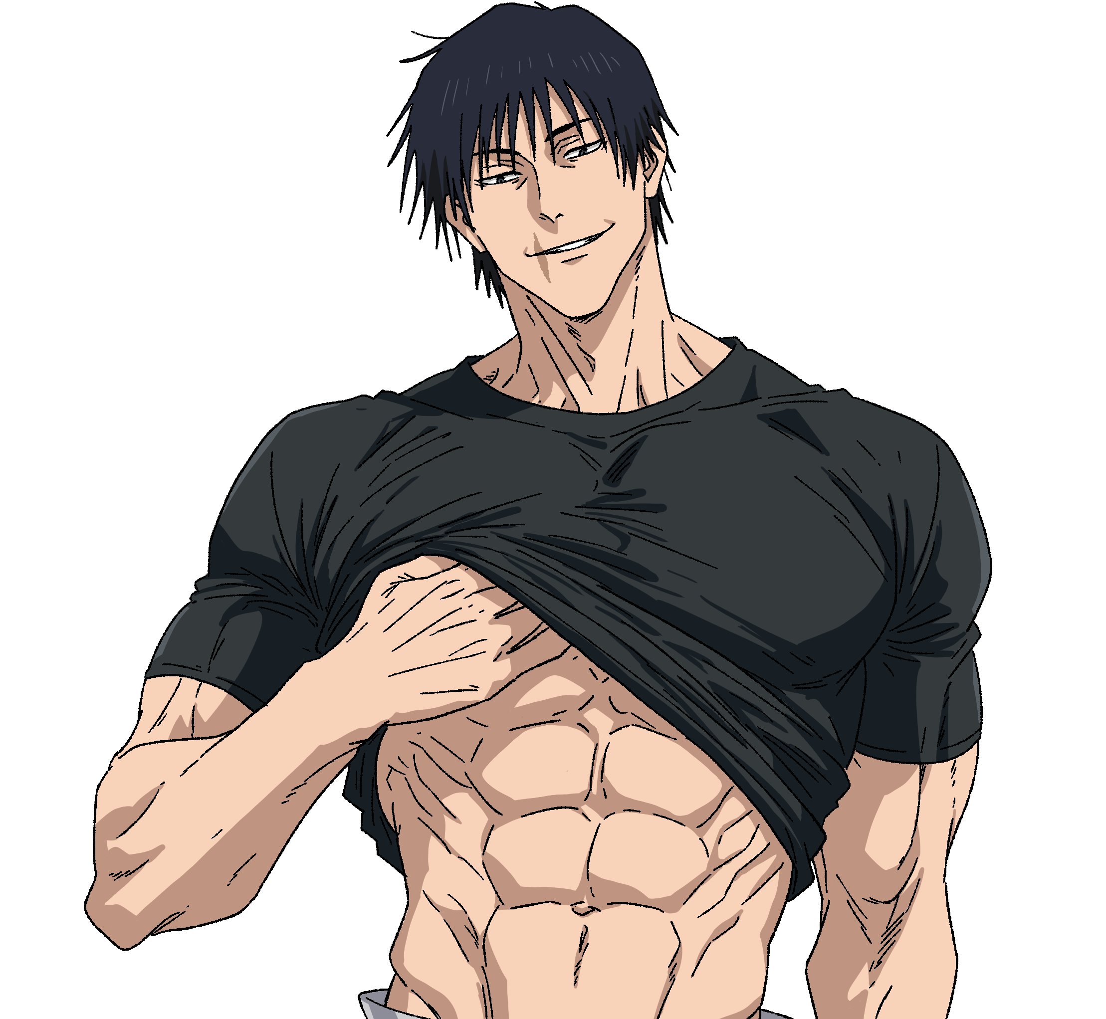 fushiguro touji, jujutsu kaisen, highres, 1boy, abs, black hair, broad shoulders, clothes pull, male focus, muscular, muscular male, navel, pectorals, scar on lip, serratus anterior, shirt pull, short hair, simple background, solo, v0idzenin, white background