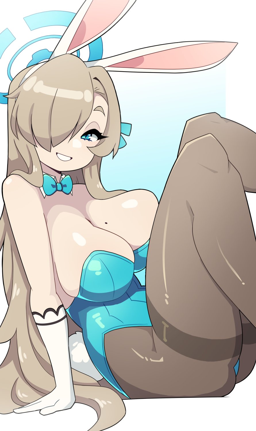 daigada, asuna (blue archive), asuna (bunny) (blue archive), blue archive, highres, 1girl, animal ears, aqua leotard, blonde hair, blue eyes, blue halo, blue leotard, bow, bowtie, breasts, detached collar, fake animal ears, gloves, hair over one eye, halo, large breasts, leotard, long hair, looking at viewer, mole, mole on breast, official alternate costume, pantyhose, playboy bunny, rabbit ears, smile, strapless, strapless leotard, thighband pantyhose, traditional bowtie, white gloves