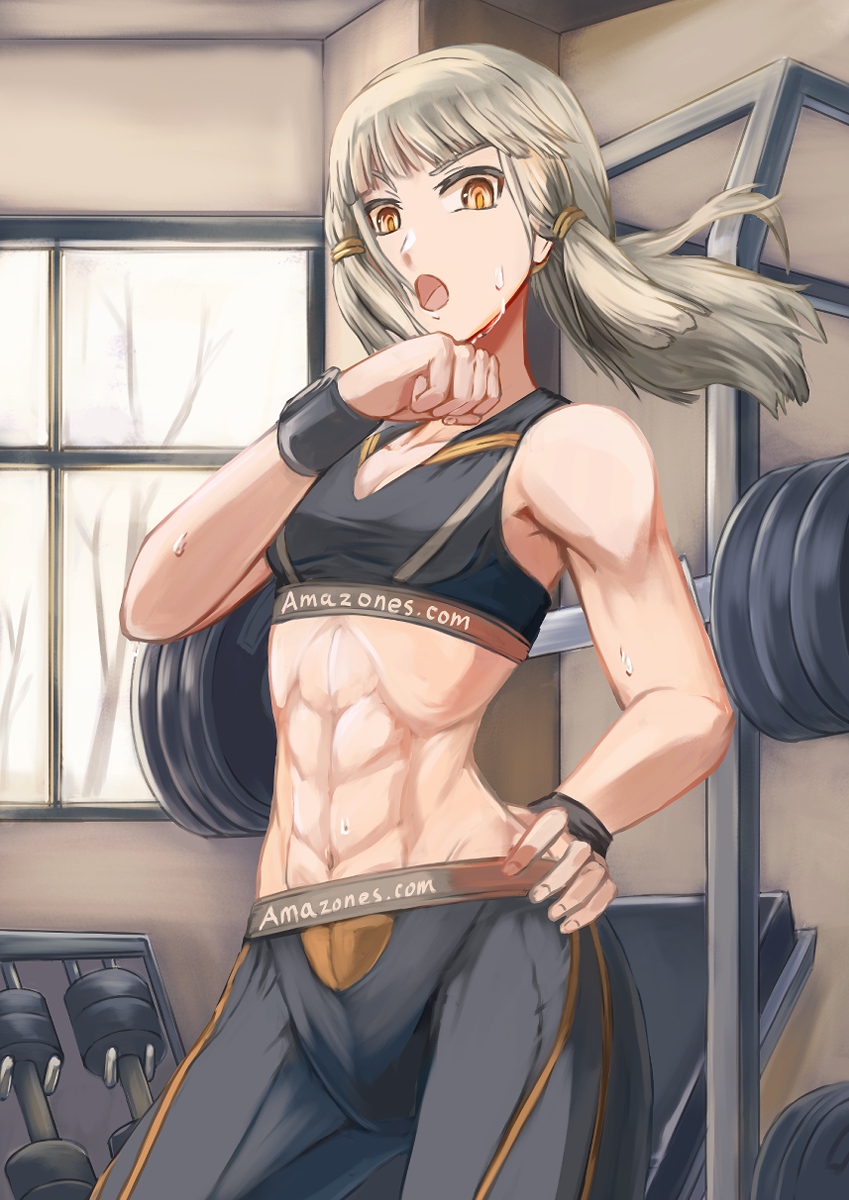 inugami86, penthesilea (fate), fate/grand order, fate (series), highres, 1girl, abs, barbell, bare shoulders, bare tree, black shorts, black sports bra, blunt bangs, breasts, cleavage, clenched hand, clothes writing, contrapposto, cowboy shot, dumbbell, floating hair, grey hair, gym, hand on own hip, hand up, indoors, long hair, looking at viewer, low-tied sidelocks, midriff, muscular, muscular female, navel, open mouth, orange eyes, orange trim, shorts, sidelocks, small breasts, solo, sports bra, sportswear, sweat, tree, weights, window, wiping sweat, workout clothes, wristband