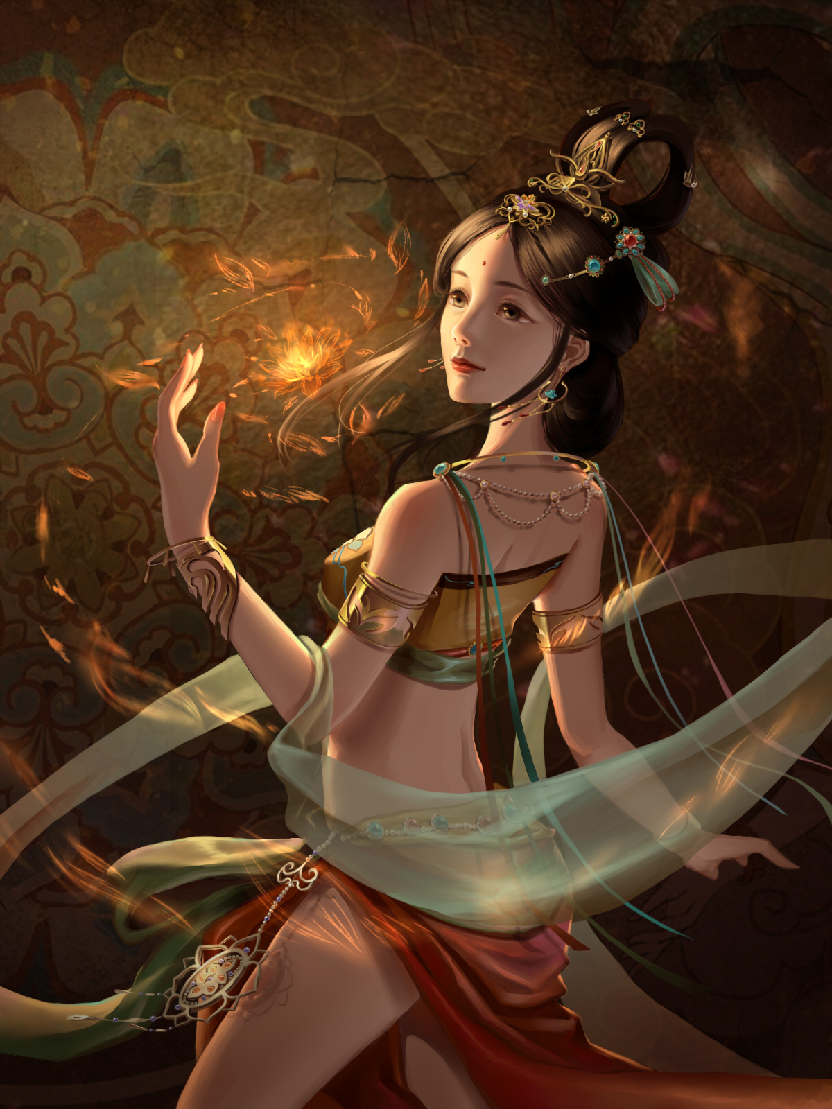 nikki (series), shining nikki, chinese commentary, commentary, highres, 1girl, aqunaqunyingfen, asian, bare back, bare shoulders, black hair, bracelet, brown background, brown eyes, chinese clothes, closed mouth, cowboy shot, dark, earrings, facial mark, floral background, flower, forehead mark, glowing, gold bracelet, gold earrings, hagoromo, hair bun, hair flower, hair ornament, hair rings, half updo, happy, jewelry, lipstick, long hair, long skirt, looking ahead, makeup, midriff, nostrils, orange flower, outstretched hand, realistic, red lips, red skirt, shawl, shoulder blades, side slit, single hair bun, skirt, smile, soaring plumes (shining nikki), solo, strapless, thighs, tube top, yellow tube top