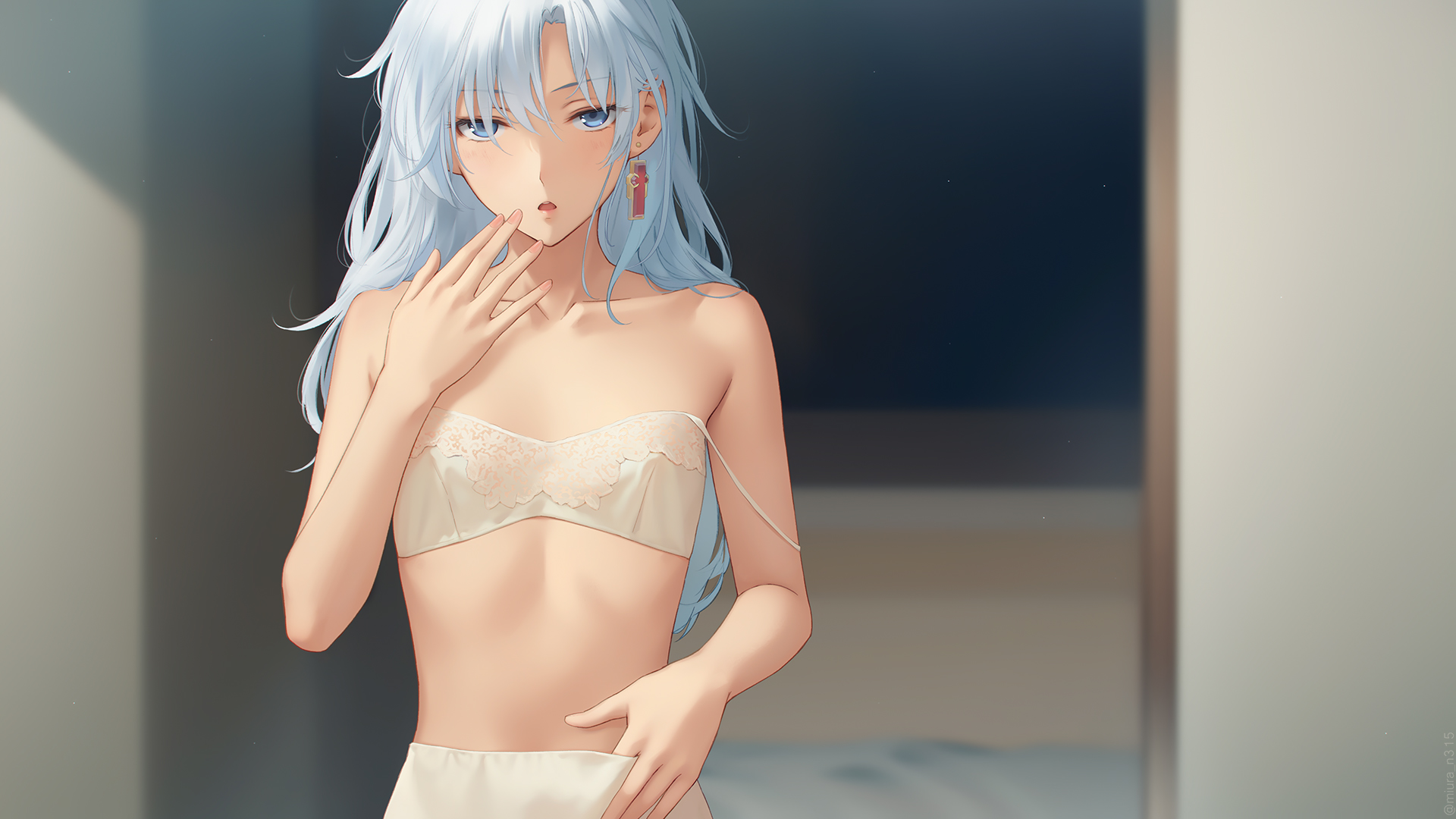 miura-n315, a (xenoblade), xenoblade chronicles (series), xenoblade chronicles 3, xenoblade chronicles 3: future redeemed, highres, 1girl, blue eyes, bra, breasts, collarbone, earrings, grey hair, hair between eyes, jewelry, long hair, looking at viewer, single earring, small breasts, solo, strap slip, training bra, underwear, underwear only