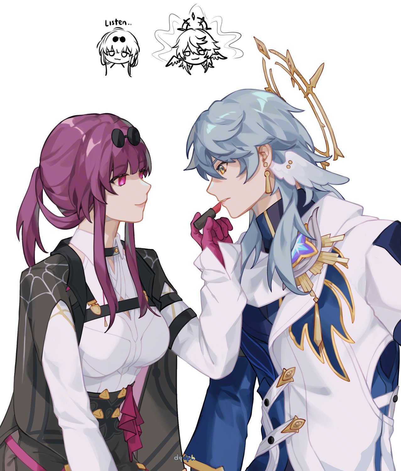 dqdph, kafka (honkai: star rail), sunday (honkai: star rail), honkai: star rail, honkai (series), commentary, english commentary, highres, 1boy, 1girl, applying another's makeup, applying lipstick, applying makeup, artist name, black jacket, blue shirt, breasts, chest harness, closed mouth, cosmetics, earrings, eyewear on head, from side, glasses, gloves, grey hair, hair between eyes, halo, halo behind head, harness, head wings, holding, holding lipstick tube, jacket, jewelry, large breasts, lipstick tube, long hair, long sleeves, looking at another, parted lips, piercing, pince-nez, purple eyes, purple gloves, purple hair, shirt, simple background, spider web print, spiked halo, sunglasses, upper body, white shirt, white wings, wing piercing, wings, yellow eyes