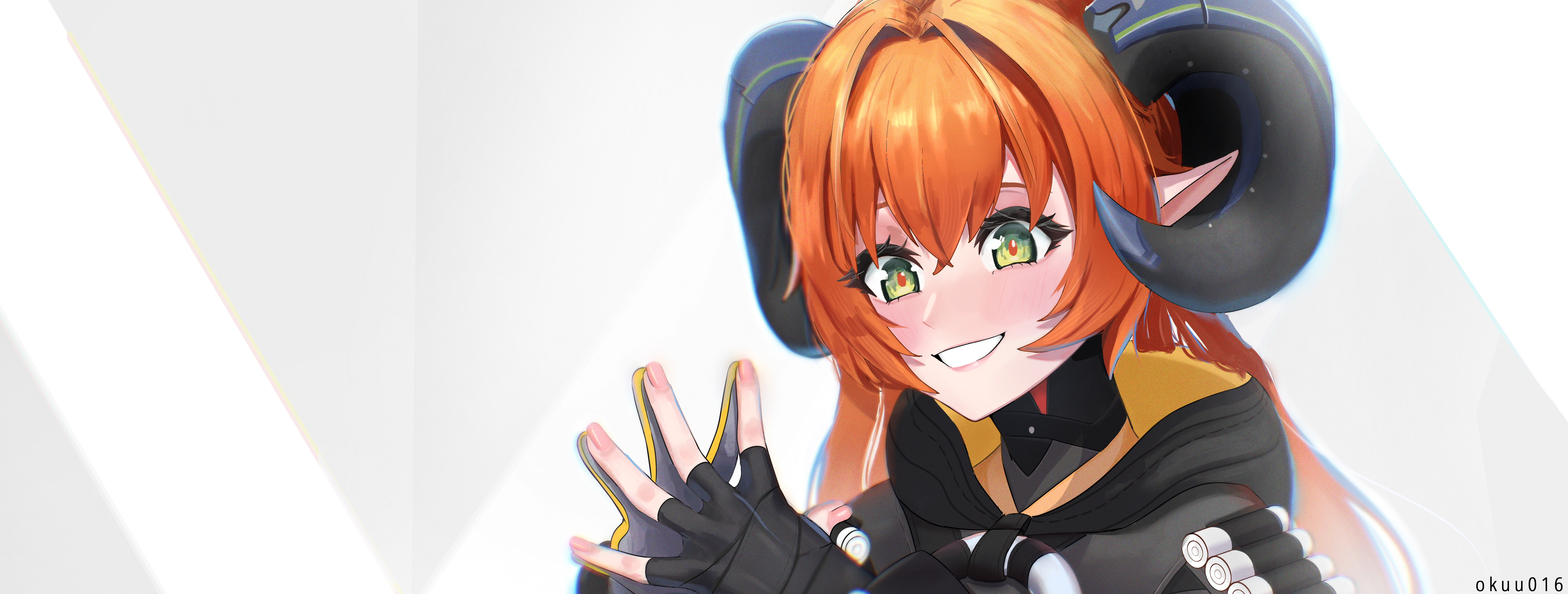 orphie magnusson, zenless zone zero, absurdres, highres, 1girl, black gloves, blush, gloves, goat horns, green eyes, horns, okuu875, orange hair, pointy ears, signature, smile, solo, teeth, upper body
