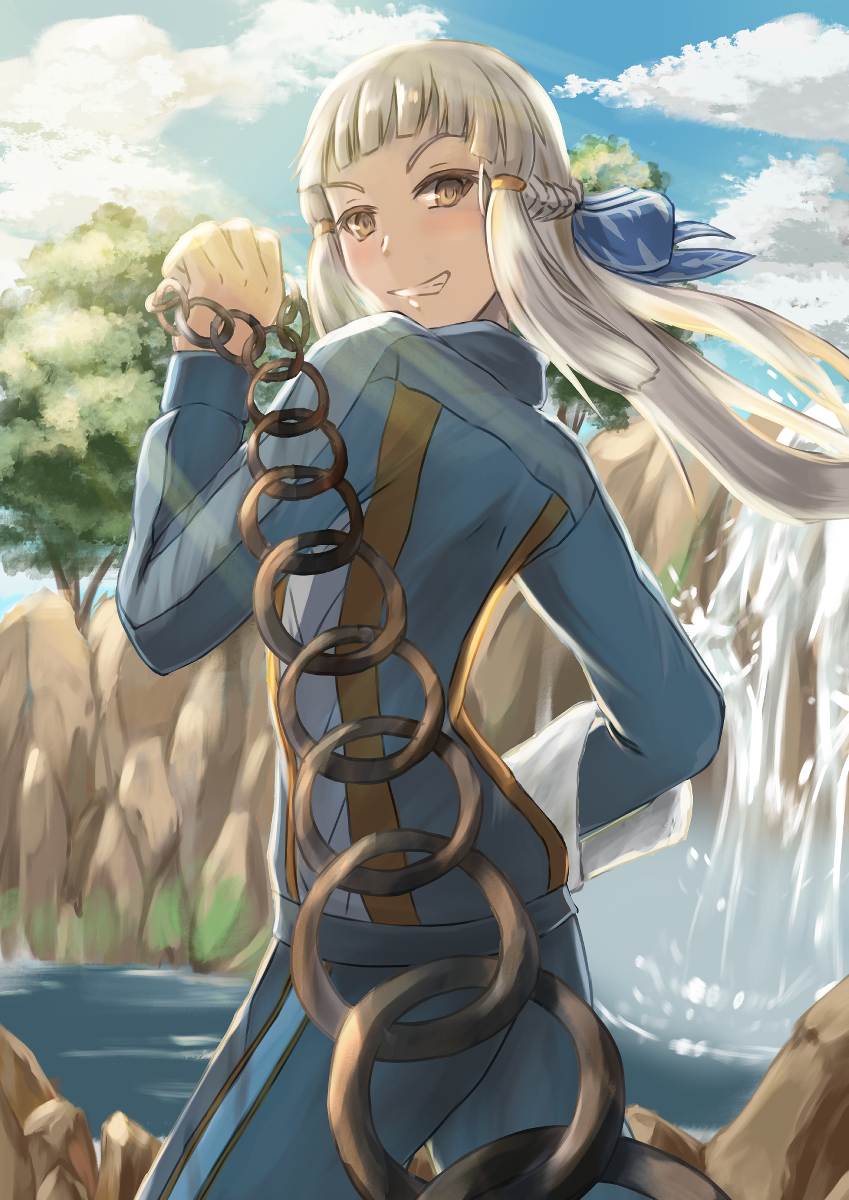 inugami86, penthesilea (fate), fate/grand order, fate (series), highres, 1girl, blue bow, blue jacket, blue pants, blue sky, blunt bangs, bow, braid, chain, chained, cloud, cloudy sky, cowboy shot, floating hair, from behind, grey hair, grin, hair bow, half up braid, hand up, holding, holding chain, jacket, light blush, long hair, looking at viewer, looking back, low-tied sidelocks, orange eyes, orange trim, outdoors, pants, pov, rock, sidelocks, sky, smile, solo focus, sunlight, towel, track jacket, track pants, track suit, tree, walking, water, waterfall