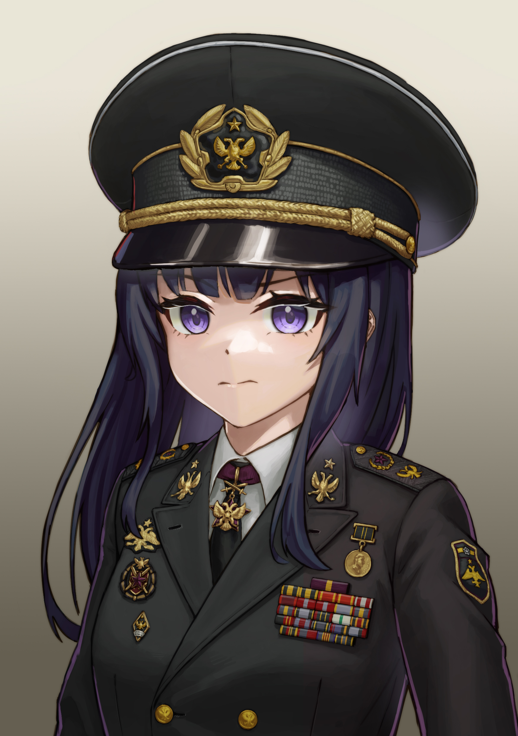 huihuang rongyao, hearts of iron, the new order: last days of europe, highres, 1girl, black hair, black jacket, black necktie, buttons, dmitry yazov, double-breasted, double-headed eagle, genderswap, genderswap (mtf), hat, jacket, long hair, medal, military dress uniform, military hat, military jacket, military uniform, necktie, peaked cap, portrait, purple eyes, russia, shirt, shoulder boards, siberian black league, sidelocks, straight hair, white shirt
