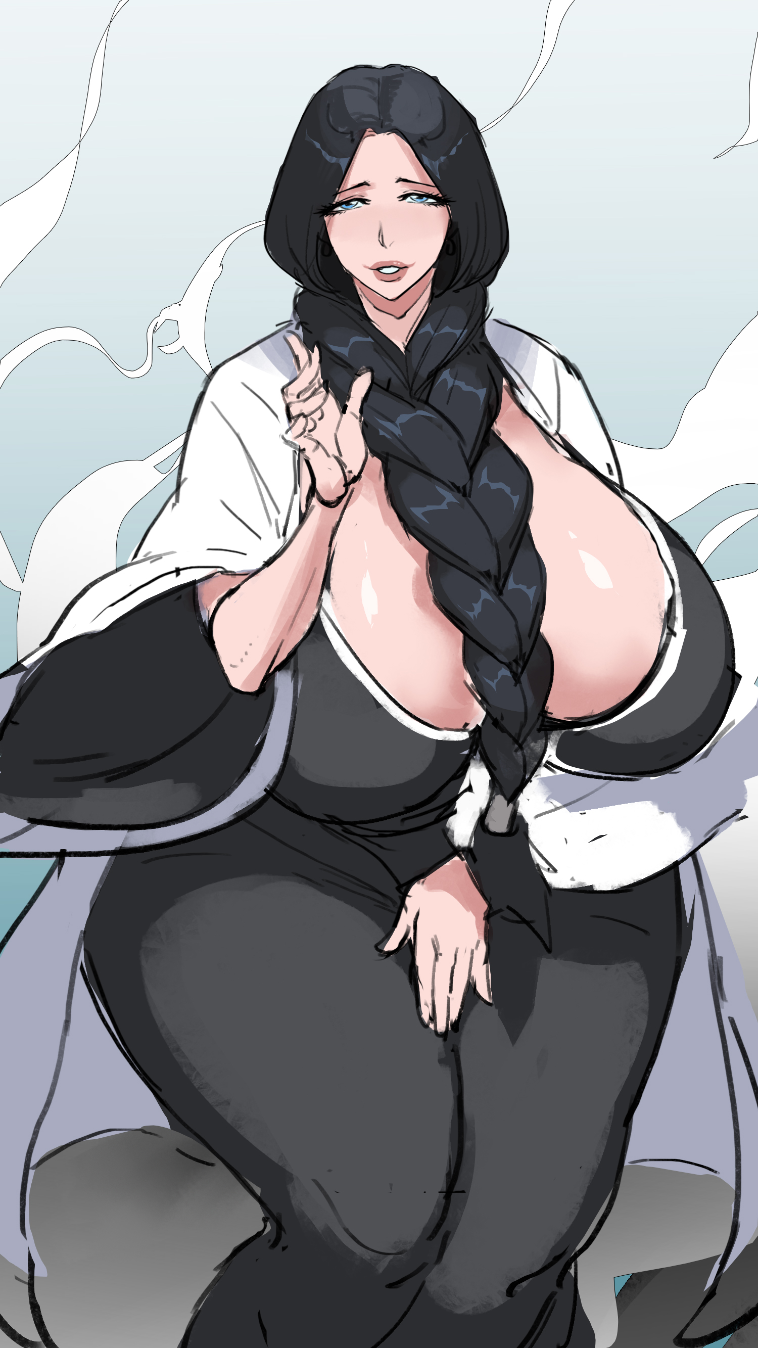 unohana retsu, bleach, artist request, 1girl, black hair, blue eyes, braid, braided ponytail, breasts, curvy, female focus, japanese clothes, large breasts, long hair, looking at viewer, parted lips, shihakusho, shiny skin, sitting, wide hips