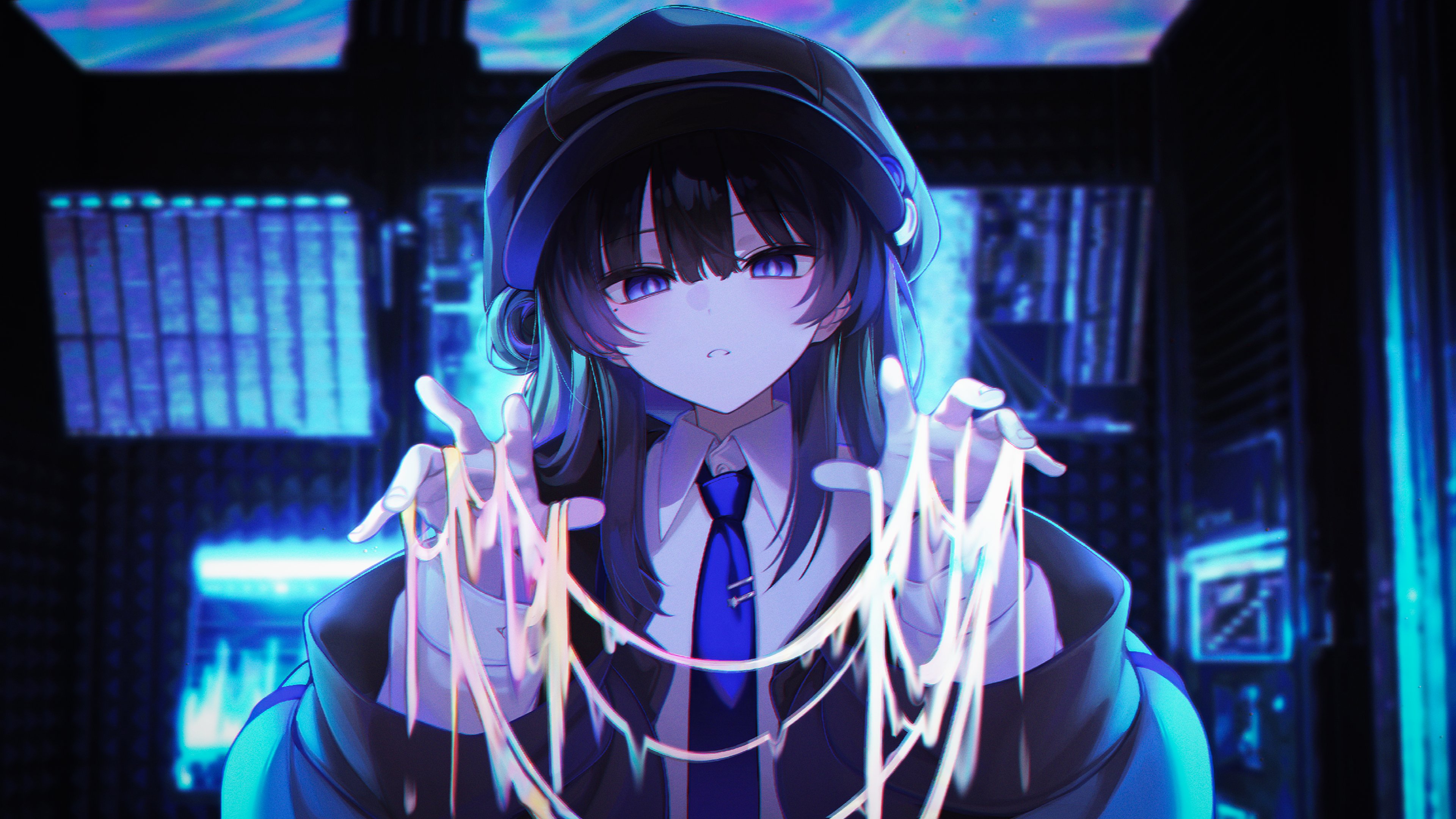 karou (lhscck302), original, absurdres, commentary, highres, 1girl, acoustic foam, beret, blue eyes, blunt bangs, buttons, collared shirt, hair between eyes, hair over shoulder, hat, jacket, long hair, looking at viewer, mole, mole under eye, monitor, necktie, open mouth, purple hair, shirt, silk, solo, spider web, spread fingers, teeth, tie clip, white shirt