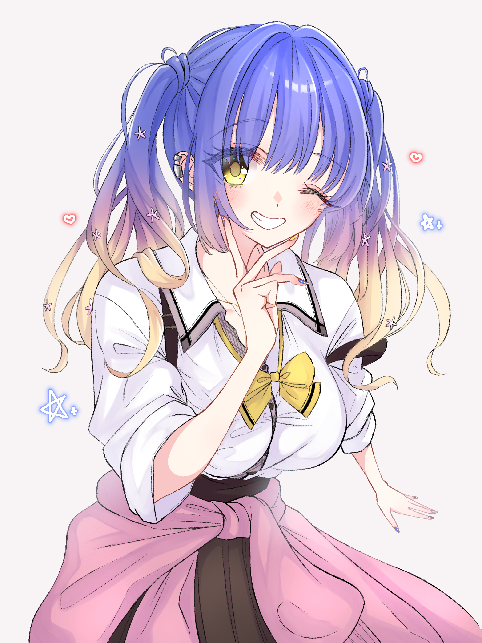 dear0518, kohibari kurumi, tenshi souzou re-boot!, absurdres, commentary request, highres, 1girl, ;d, blonde hair, blue hair, blue nails, blush, bow, bowtie, breasts, brown skirt, cardigan, cardigan around waist, clothes around waist, collarbone, collared shirt, cowboy shot, earclip, eyelashes, eyes visible through hair, gradient hair, grin, hair between eyes, hair intakes, hair over shoulder, hand up, happy, heart, high-waist skirt, large breasts, long hair, long sleeves, looking at viewer, mizuka academy school uniform, multicolored hair, nail polish, one eye closed, open mouth, pleated skirt, school uniform, shirt, sidelocks, simple background, skirt, sleeves rolled up, smile, solo, star (symbol), twintails, v, white background, white shirt, yellow bow, yellow bowtie, yellow eyes, yellow nails