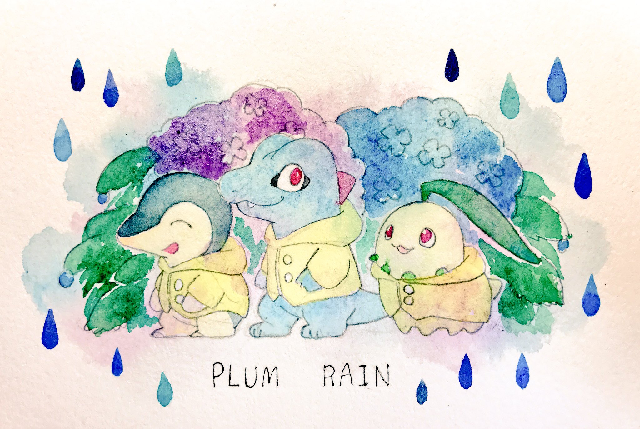 mint nappa, chikorita, cyndaquil, totodile, nintendo, pokemon, commentary, english commentary, highres, painting (medium), traditional media, watercolor (medium), blue flower, clothed pokemon, english text, fang, flower, gen 2 pokemon, hydrangea, looking at viewer, no humans, open mouth, pokemon (creature), purple flower, raincoat, red eyes, smile, starter pokemon trio, water drop, yellow raincoat