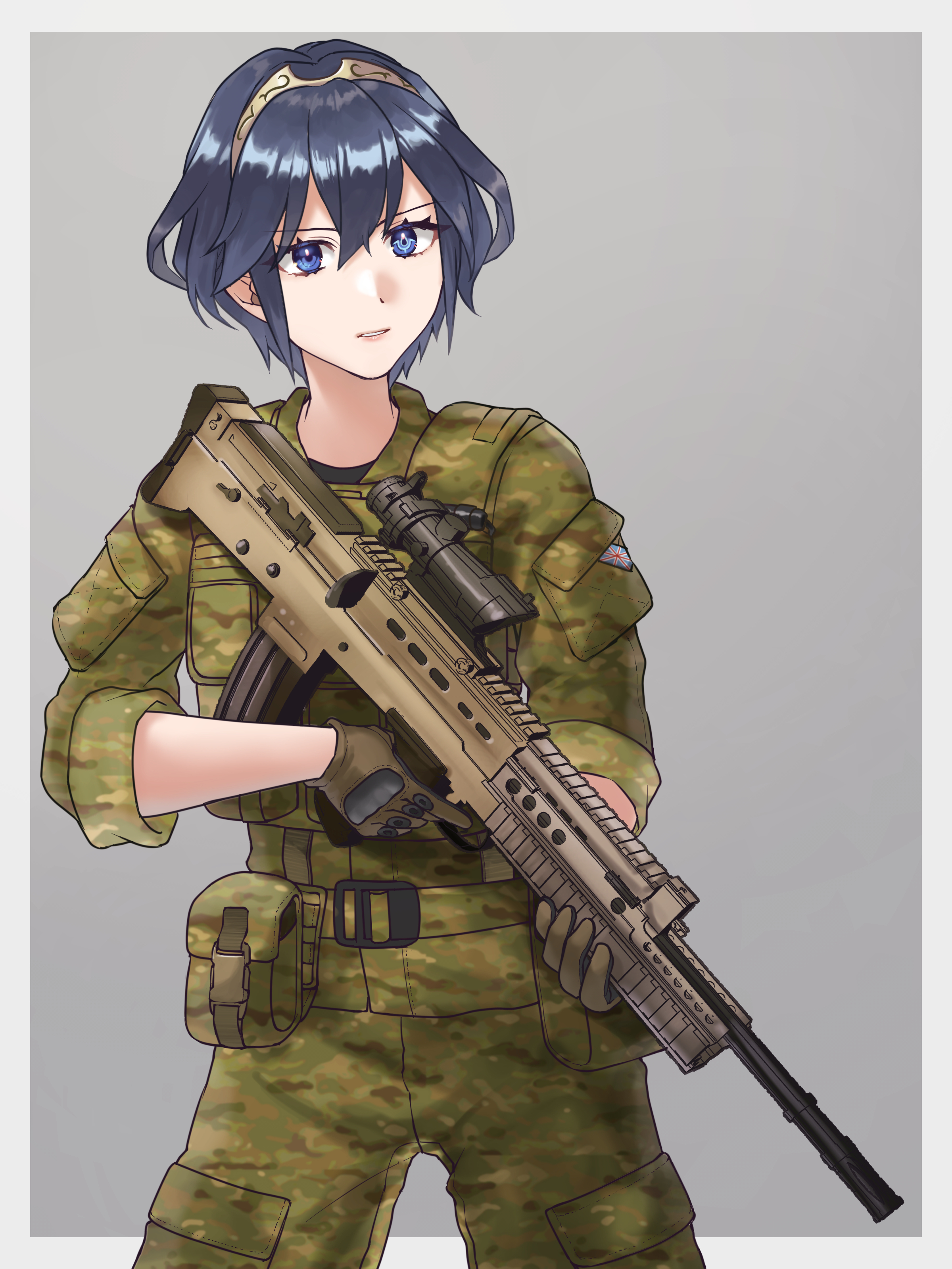 hazuki (nyorosuke), lucina (fire emblem), marth (fire emblem awakening), fire emblem, fire emblem awakening, nintendo, absurdres, commentary request, commission, highres, skeb commission, 1girl, blue eyes, blue hair, border, brown gloves, gloves, grey background, gun, holding, holding gun, holding weapon, military, military uniform, outside border, short hair, simple background, solo, symbol-shaped pupils, tiara, weapon, white border