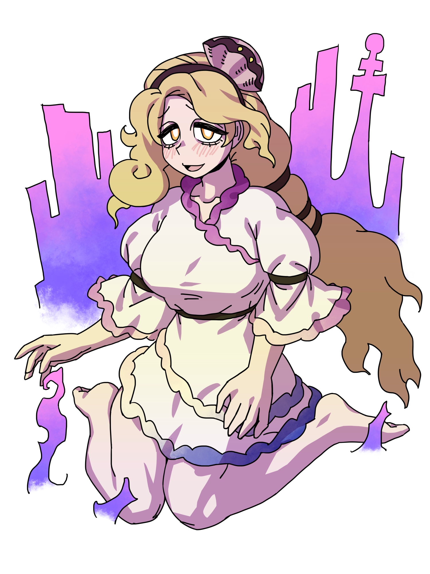 eddybird55555, watari nina, fossilized wonders, touhou, commentary, english commentary, highres, 1girl, arm strap, bags under eyes, barefoot, black hairband, blonde hair, breasts, clam, clam shell, clam shell ornament, dress, frilled dress, frilled sleeves, frills, hair ornament, hairband, light blush, light smile, long hair, looking at viewer, medium breasts, multicolored dress, open mouth, oyster, parted bangs, seiza, shell, shell hair ornament, short sleeves, sitting, solo, very long hair, white background, white dress, yellow eyes