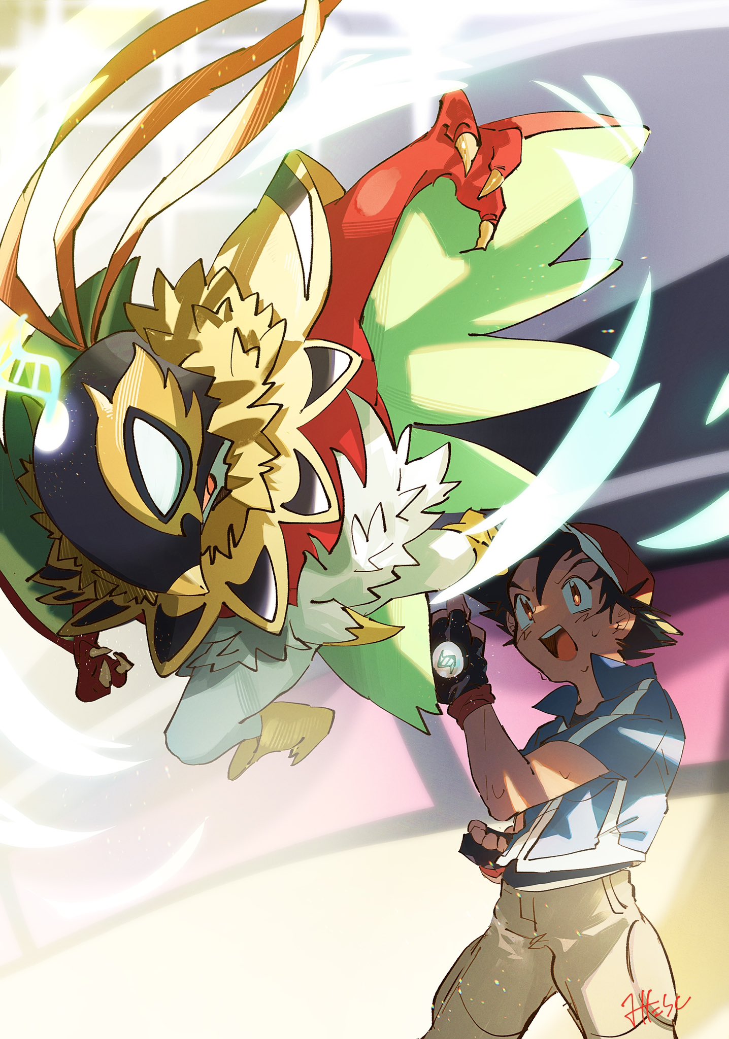 omotikonetemasu, ash ketchum, hawlucha, mega hawlucha, nintendo, pokemon, pokemon (anime), pokemon xy (anime), highres, 1boy, baseball cap, gen 6 pokemon, gloves, hat, luchador, luchador mask, mega pokemon, plume, pokemon (creature), red hat, sleeveless, sleeveless jacket, wing cape