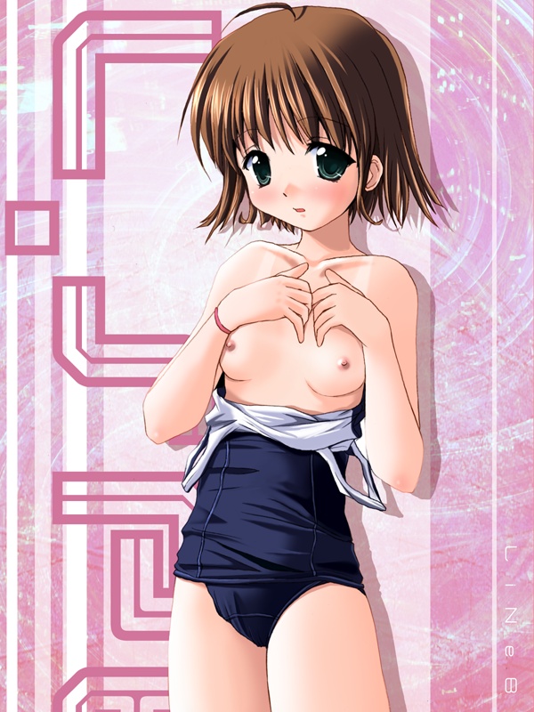 komichi, 1girl, ahoge, blue one-piece swimsuit, blush, bracelet, breasts, brown hair, collarbone, green eyes, hands on own chest, jewelry, loli, looking at viewer, medium breasts, nipples, one-piece swimsuit, open mouth, pink background, school swimsuit, short hair, standing, swimsuit, undressing
