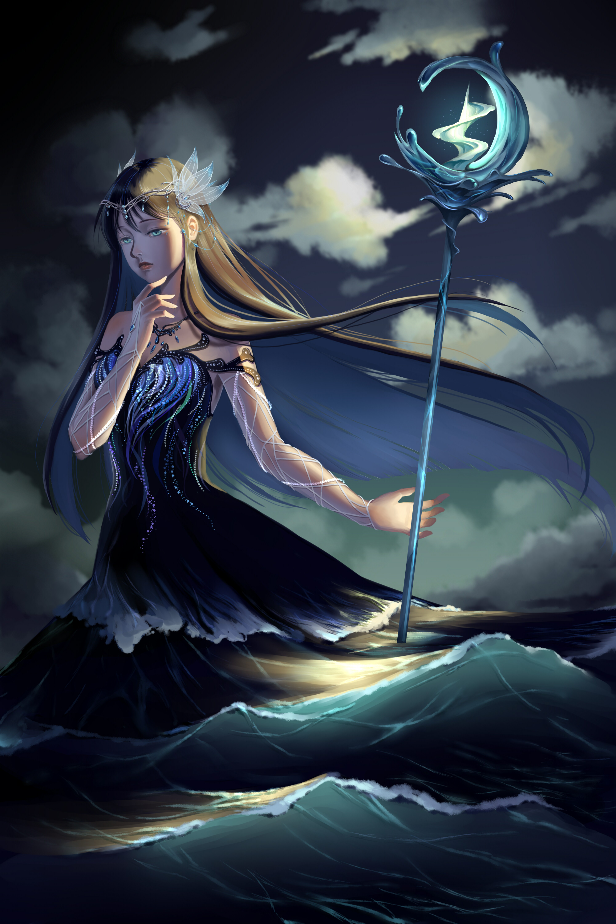 nikki (series), shining nikki, absurdres, chinese commentary, commentary, highres, 1girl, aqunaqunyingfen, black hair, blue dress, blue eyes, blue flower, blue hair, blue sky, blunt ends, circlet, closed mouth, cloud, colored inner hair, crescent, detached sleeves, dress, fishnet sleeves, fishnets, floating hair, flower, gown, hair flower, hair ornament, half-closed eyes, hand on own chin, holding, holding staff, liquid clothes, long hair, long sleeves, looking ahead, lost tides (shining nikki), lotus, multicolored hair, night, night sky, ocean, outdoors, sky, sleeveless, sleeveless dress, solo, staff, straight hair, very long hair, wading, white sleeves