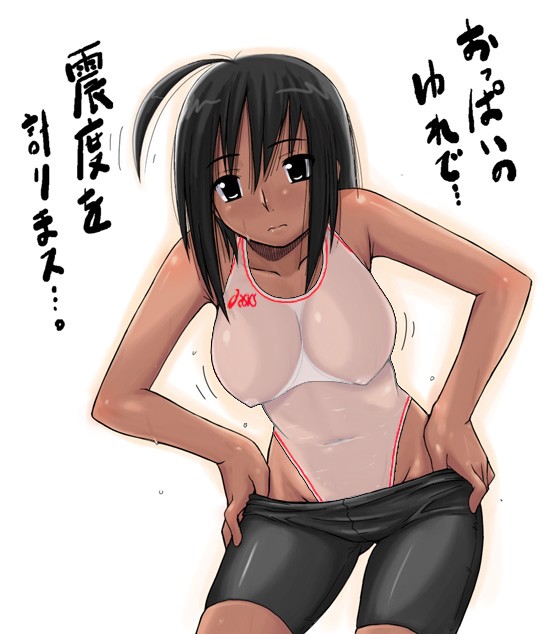 asics, artist request, character request, copyright request, translation request, 1girl, ahoge, bike shorts, black eyes, black hair, blush, breasts, collarbone, dark skin, large breasts, one-piece swimsuit, see-through clothes, see-through one-piece swimsuit, short hair, standing, swimsuit, undressing, white background, white one-piece swimsuit