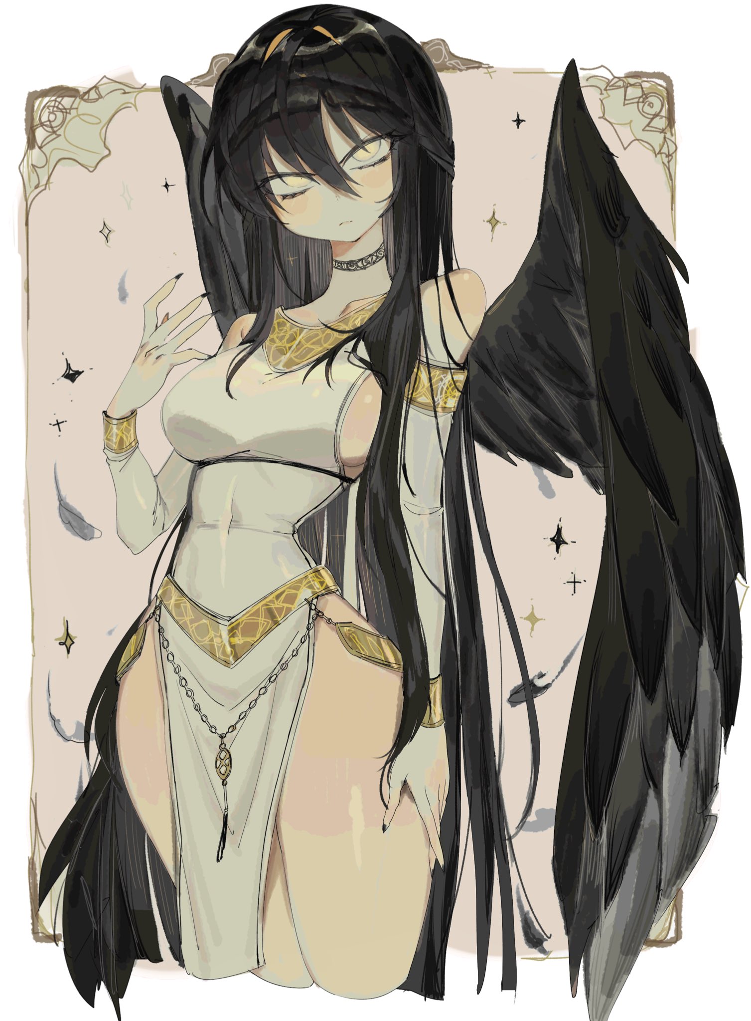 usa37107692, morrighan, mabinogi, highres, 1girl, arm up, bare shoulders, black choker, black hair, black nails, black wings, breasts, choker, collarbone, covered navel, detached sleeves, dress, eyelashes, hair between eyes, hair over shoulder, hand on own hip, jewelry, large breasts, long hair, narrowed eyes, pelvic curtain, sideboob, solo, thighs, very long hair, white dress, white eyes, wings