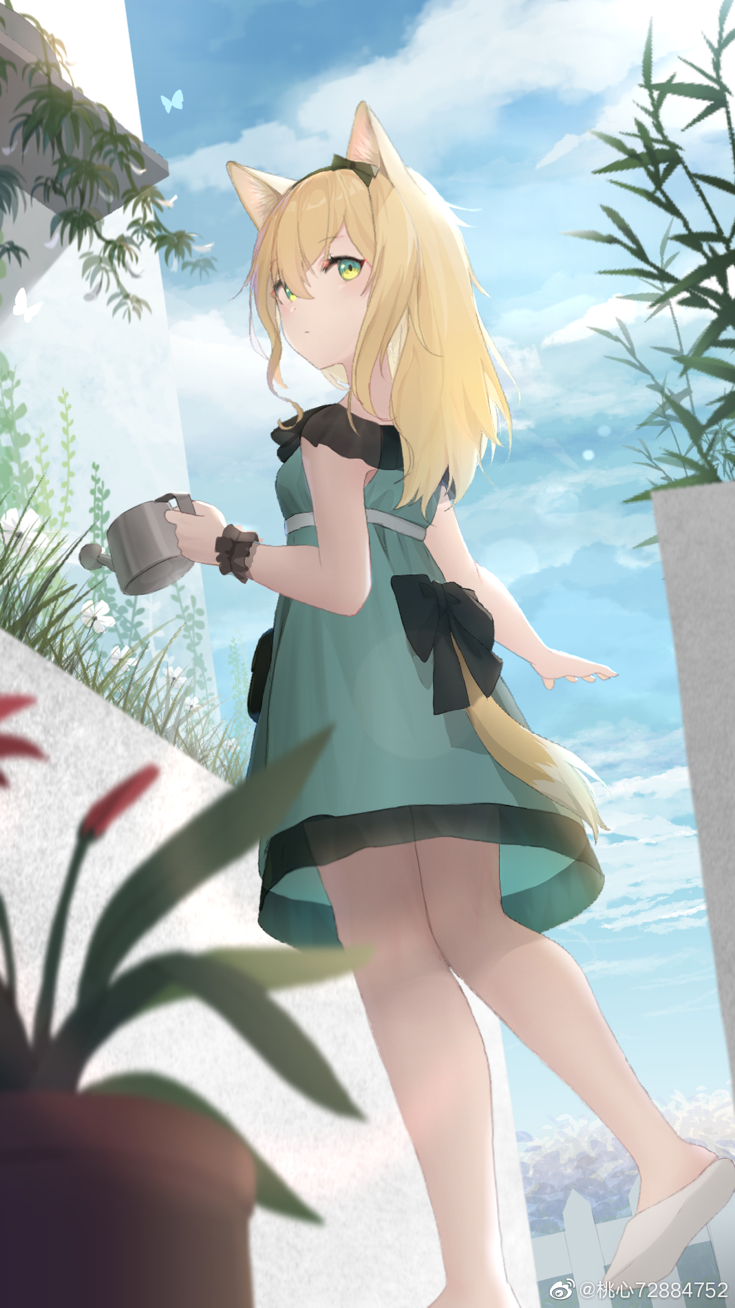 shabi96522, podenco (arknights), arknights, highres, jpeg artifacts, 1girl, animal ears, black bow, blue sky, bow, dress, fence, green dress, green eyes, holding, holding watering can, long hair, looking back, outdoors, picket fence, plant, potted plant, scrunchie, shoes, sky, solo, tail, watering can, white shoes, wooden fence, wrist scrunchie