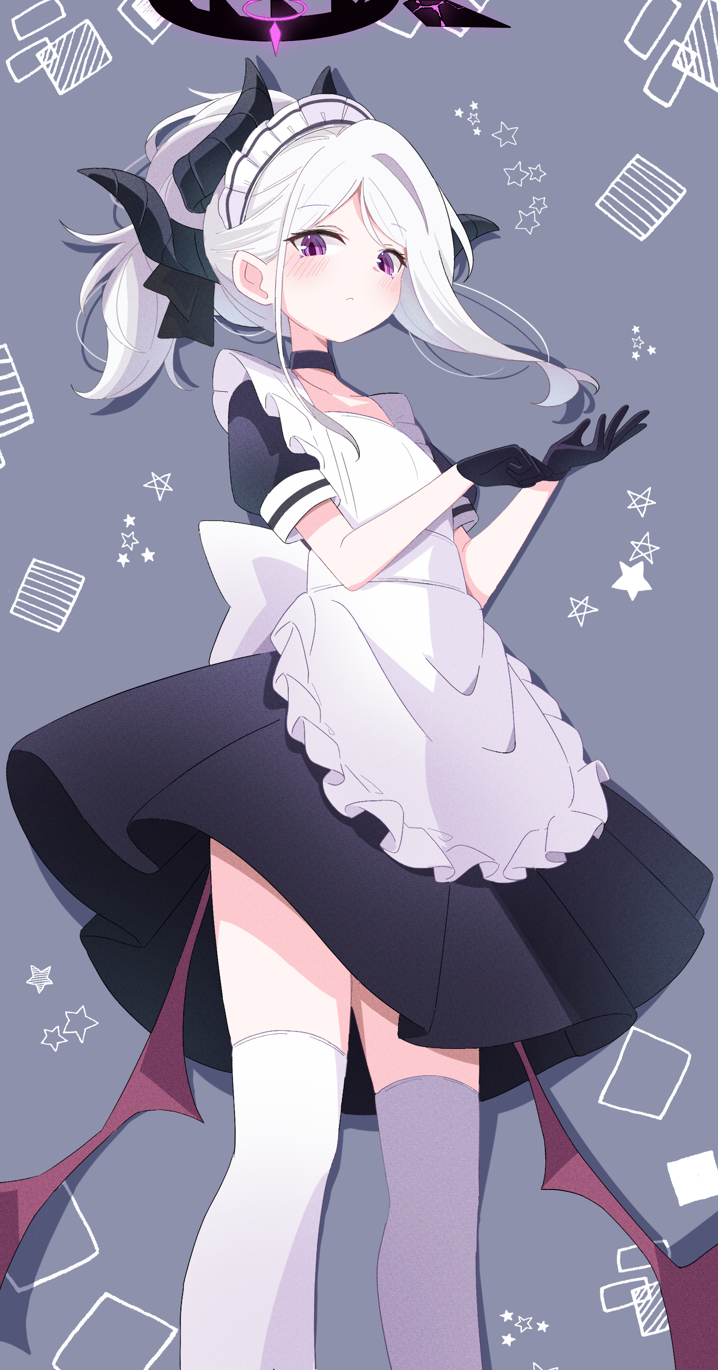 sasanoha (sasanoha0712), hina (blue archive), blue archive, absurdres, highres, 1girl, ahoge, apron, black gloves, black halo, breasts, demon girl, demon horns, demon wings, gloves, halo, horns, long hair, looking at viewer, maid, maid apron, maid headdress, purple eyes, small breasts, solo, standing, white hair, wings