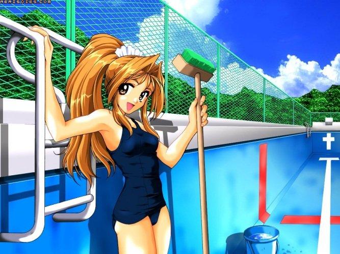 amazuyu tatsuki, kinoshita rumi, aerisdies, pia carrot (series), pia carrot e youkoso!!, pia carrot e youkoso!! 2, 1girl, blue one-piece swimsuit, blue school swimsuit, breasts, broom, brown eyes, brown hair, bucket, chain-link fence, cloud, female focus, fence, hairband, holding, holding broom, long hair, looking at viewer, medium breasts, mountain, one-piece swimsuit, open mouth, ponytail, pool, school swimsuit, sky, smile, solo, standing, swimsuit, water