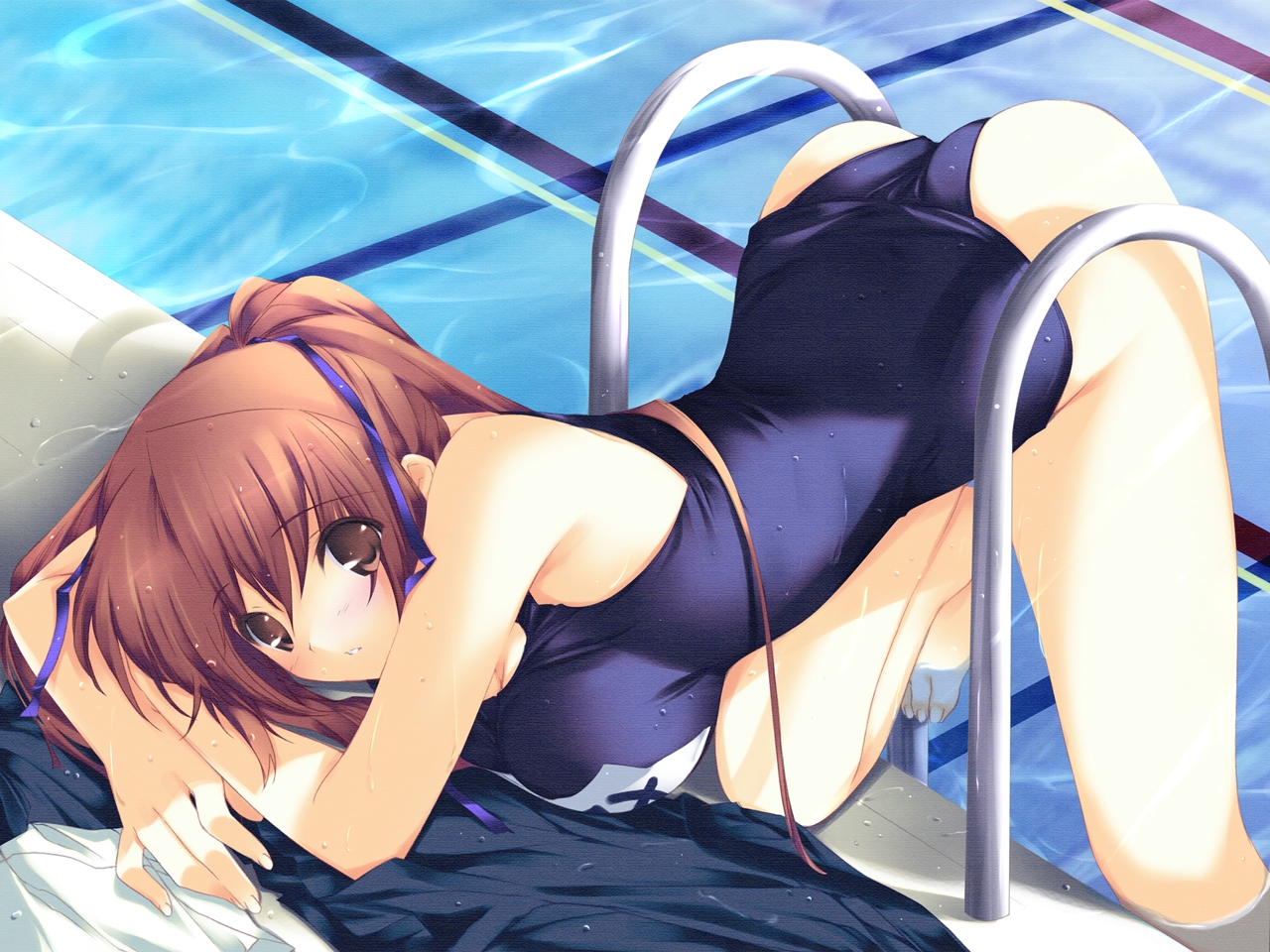 iizuki tasuku, kasumi (doa), dead or alive, tagme, 1girl, brown eyes, brown hair, female focus, looking at viewer, one-piece swimsuit, pool, school swimsuit, solo, swimsuit