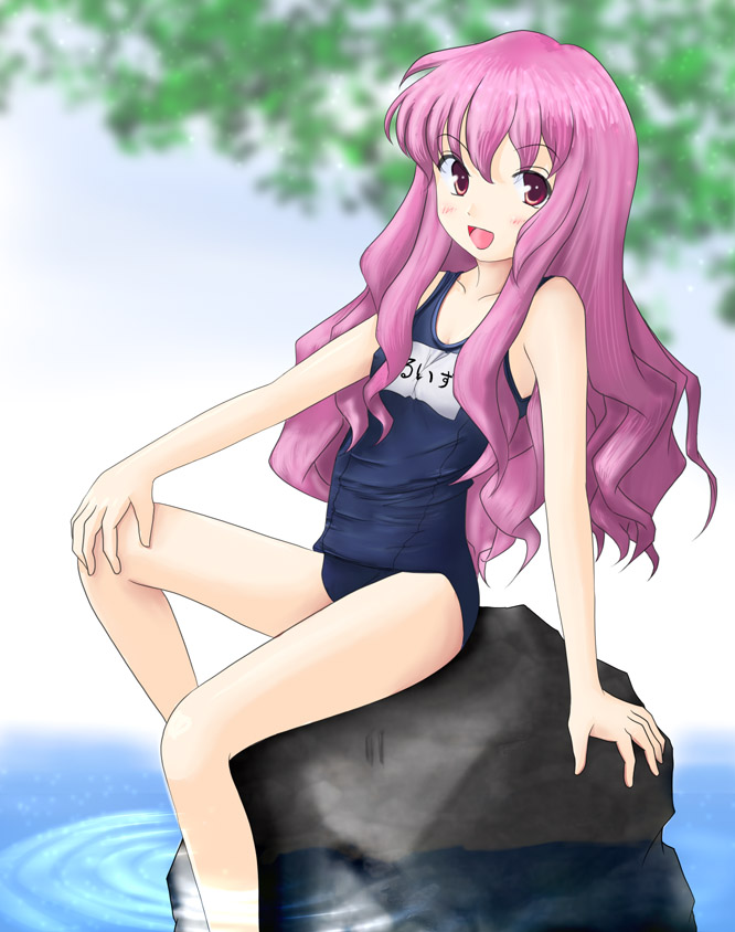 louise francoise le blanc de la valliere, zero no tsukaima, artist request, 00s, :d, arm support, long hair, one-piece swimsuit, open mouth, pink eyes, pink hair, sitting, smile, swimsuit, water