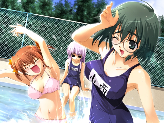 fumio (ura fmo), konishi tamako, sakura chika, setouchi aoi, sorauta, game cg, 3girls, ahoge, bikini, blue one-piece swimsuit, blue school swimsuit, blush, bow, breasts, brown hair, chain-link fence, cleavage, closed eyes, cloud, collarbone, covered erect nipples, double bun, fence, flat chest, glasses, green hair, hair bow, hair bun, large breasts, long hair, medium breasts, multiple girls, name tag, navel, one-piece swimsuit, one eye closed, open mouth, orange bow, pink bikini, pool, purple hair, school swimsuit, short hair, sitting, sky, smile, splashing, standing, swimsuit, tree, twintails, wading, water
