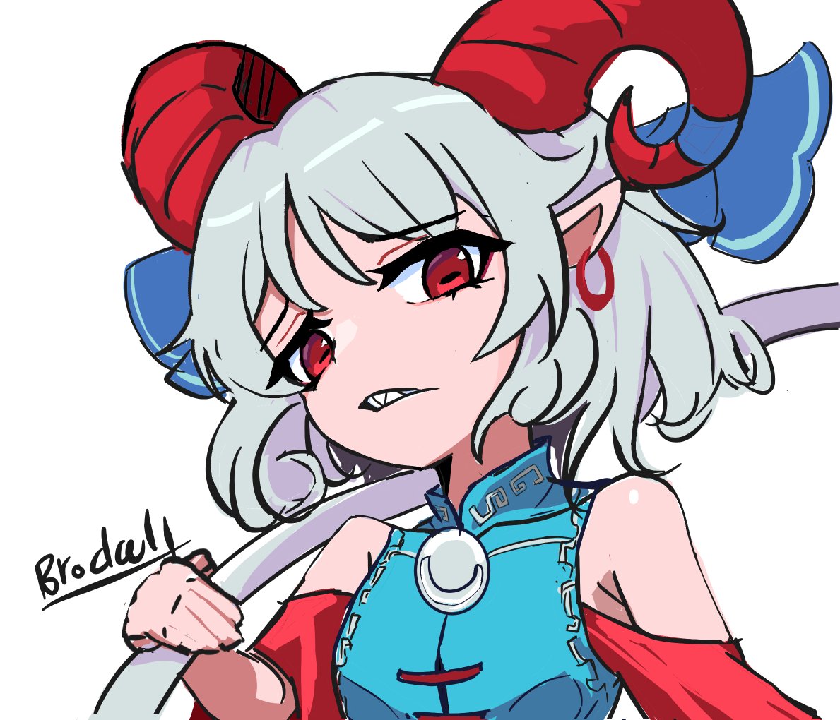 brodall pixel, toutetsu yuuma, touhou, 1girl, :/, bare shoulders, blue dress, blue ribbon, detached sleeves, dress, earrings, holding, hoop earrings, horn ornament, horn ribbon, horns, itte more kore wa ai, jewelry, looking at viewer, meandros, open mouth, pointy ears, portrait, red eyes, red horns, red sleeves, ribbon, sharp teeth, sheep horns, short hair, signature, solo, teeth, white background, white hair