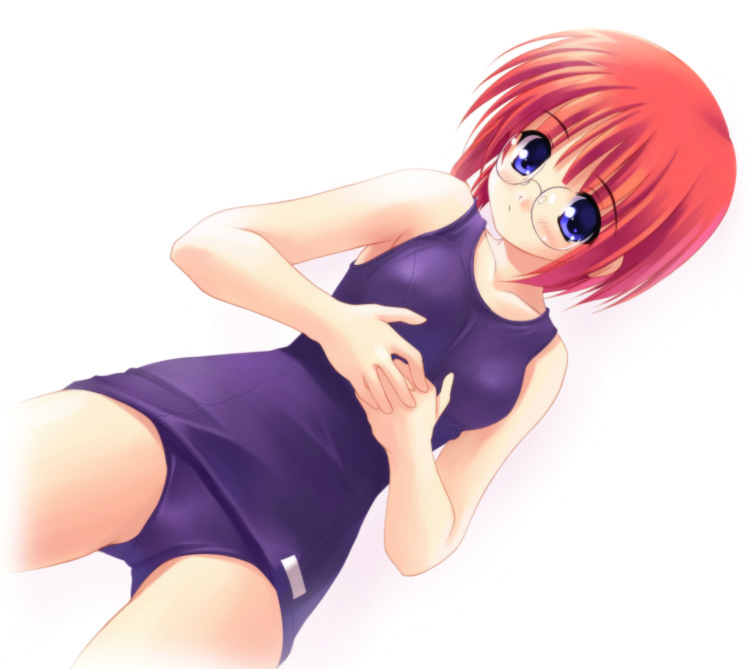 akamaru, character request, copyright request, tagme, 1girl, blue eyes, dutch angle, female focus, glasses, one-piece swimsuit, red hair, solo, swimsuit